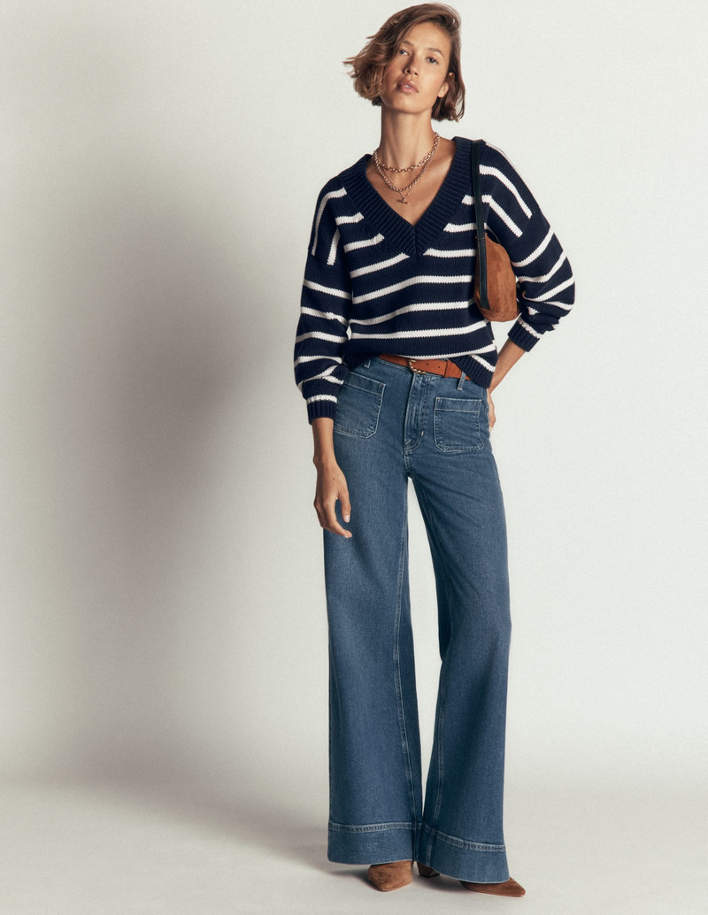 Lucy Cotton V-neck Sweater-Navy, Ivory 6