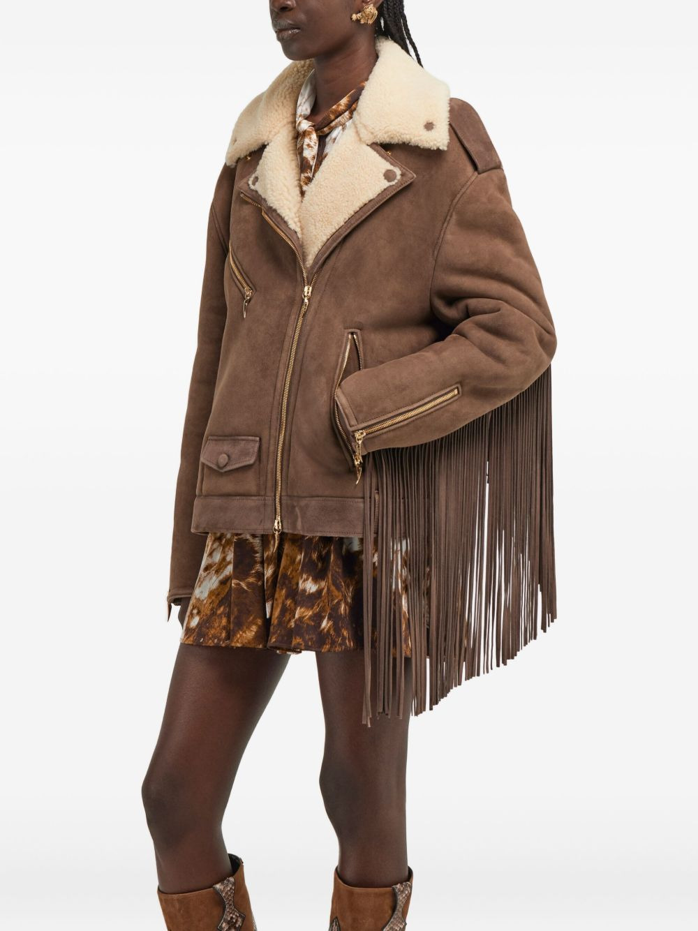 shearling-trimmed fringed leather jacket - 5