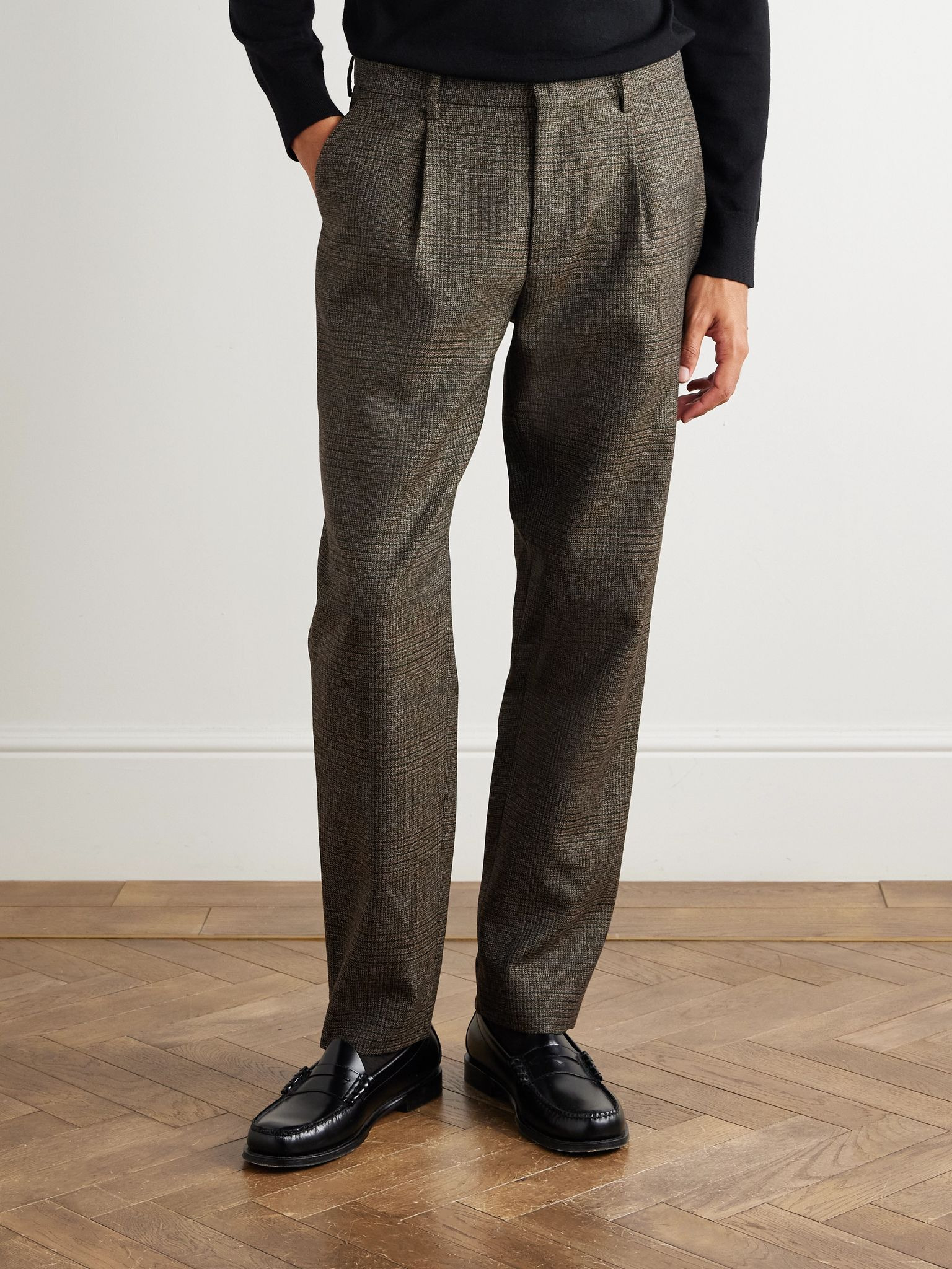 Straight-Leg Pleated Prince of Wales Checked Virgin Wool Trousers Gray - 3