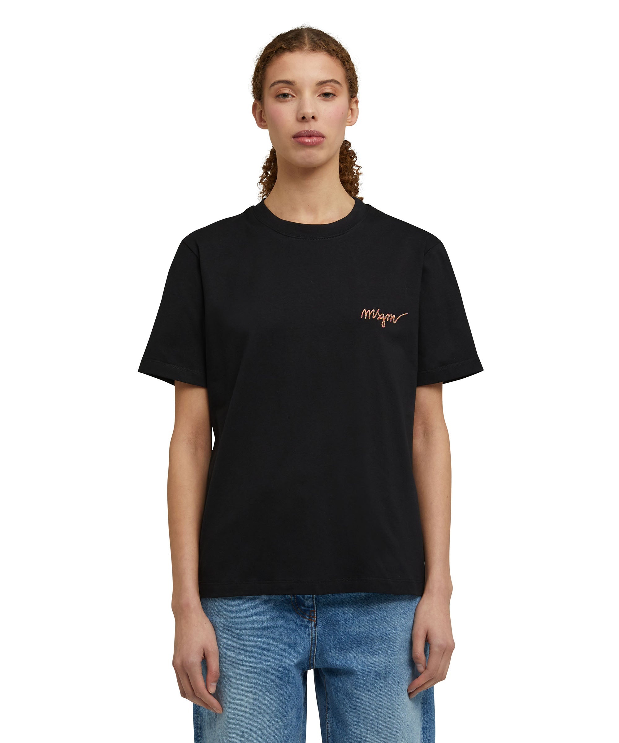 Cotton crewneck t-shirt with multicolor, embroidered logo in cursive - 2
