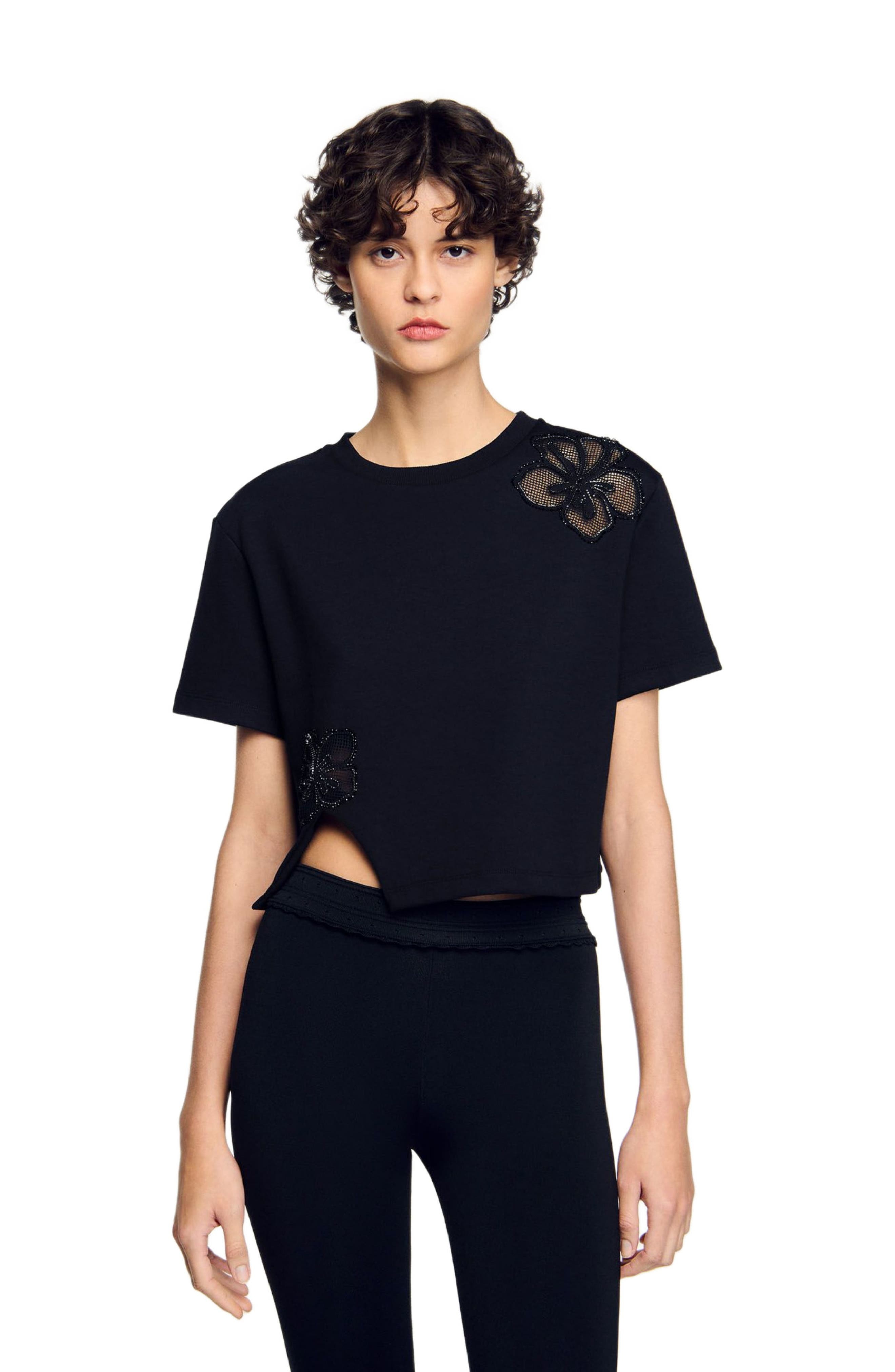 SANDRO Floral embroidery T-shirt in Black at Nordstrom - 3