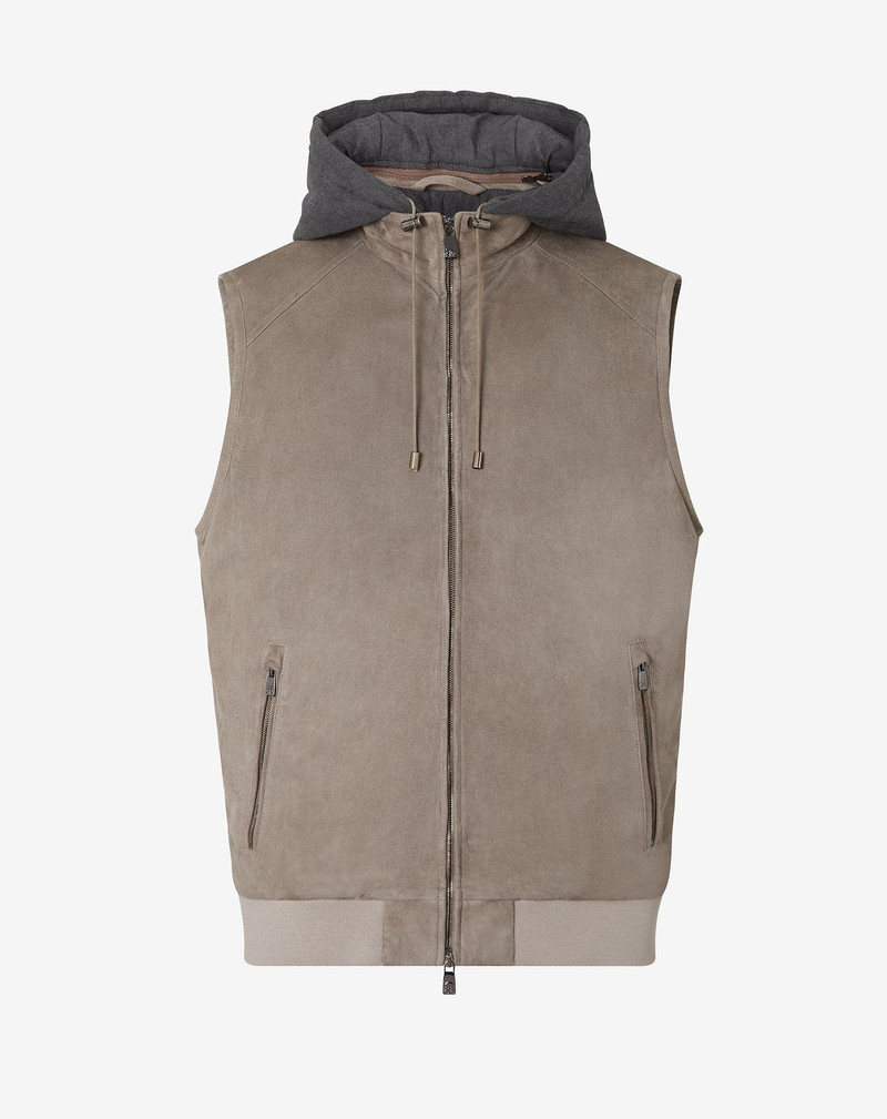 Greige suede gilet with detachable hood 1