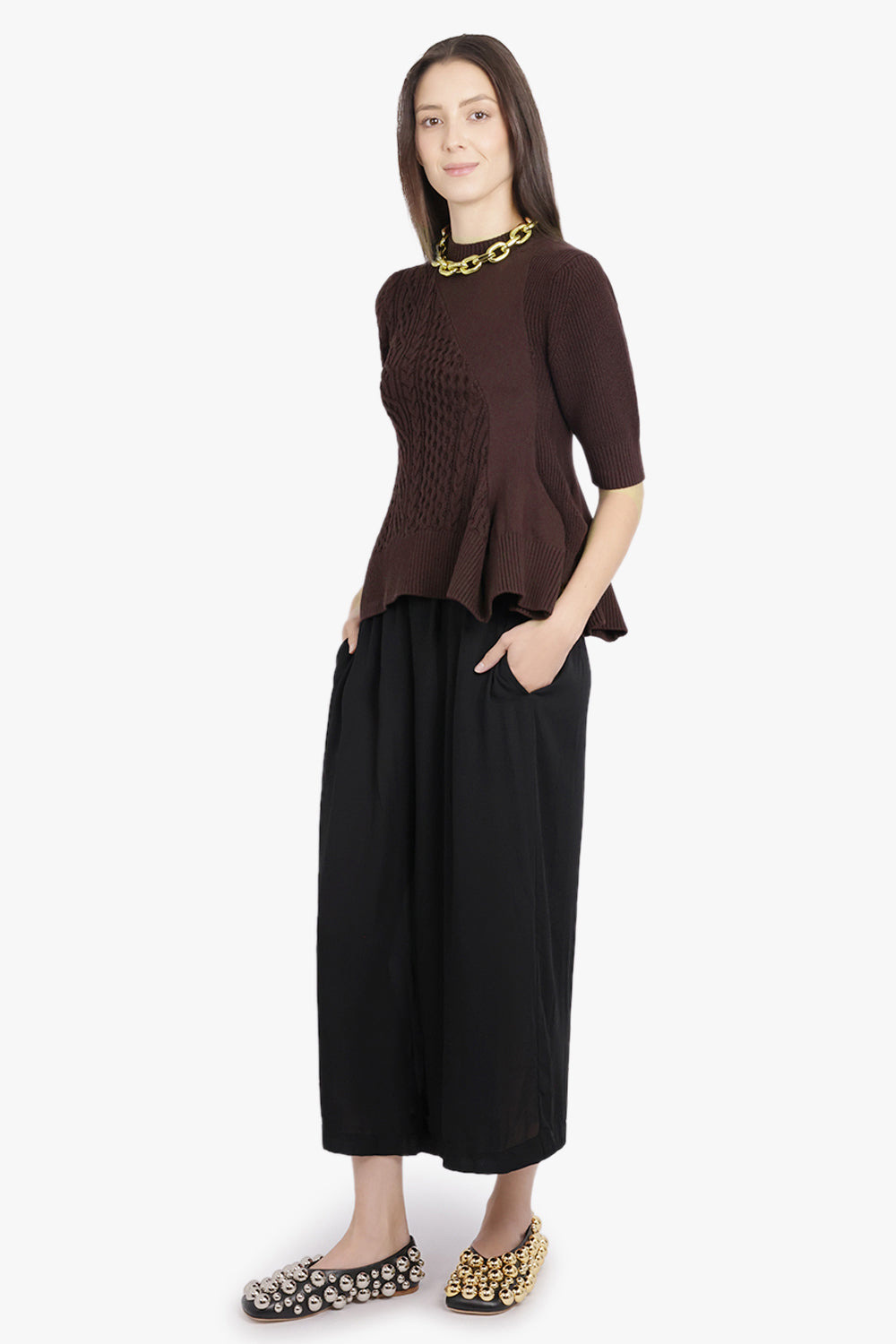 3/4 SLEEVE CHAIN KNIT WITH ASYMMETRIC HEM DETAIL | BROWN - 7