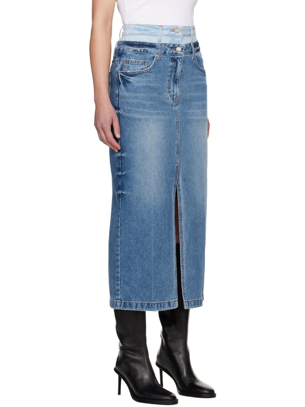 Blue Double Waist Denim Midi Skirt - 2