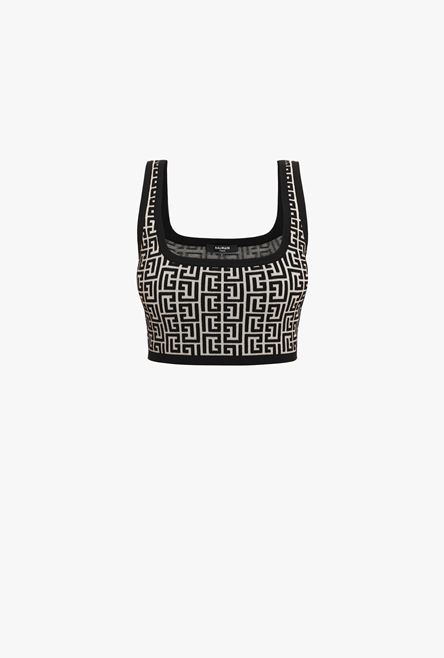 Cropped bicolor jacquard sports bra top with Balmain monogram - 1