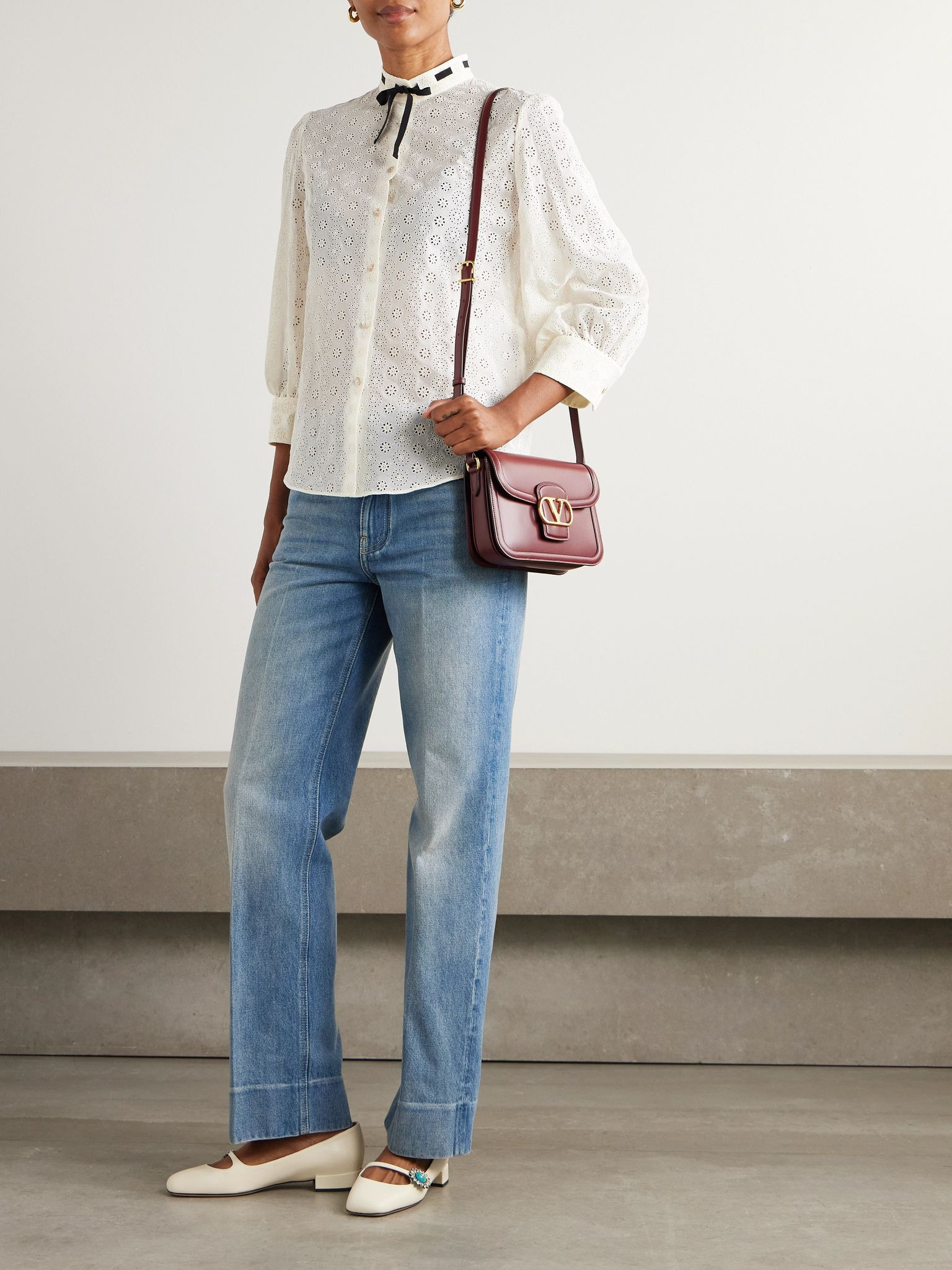 Bow-detailed broderie anglaise cotton blouse Ivory - 2