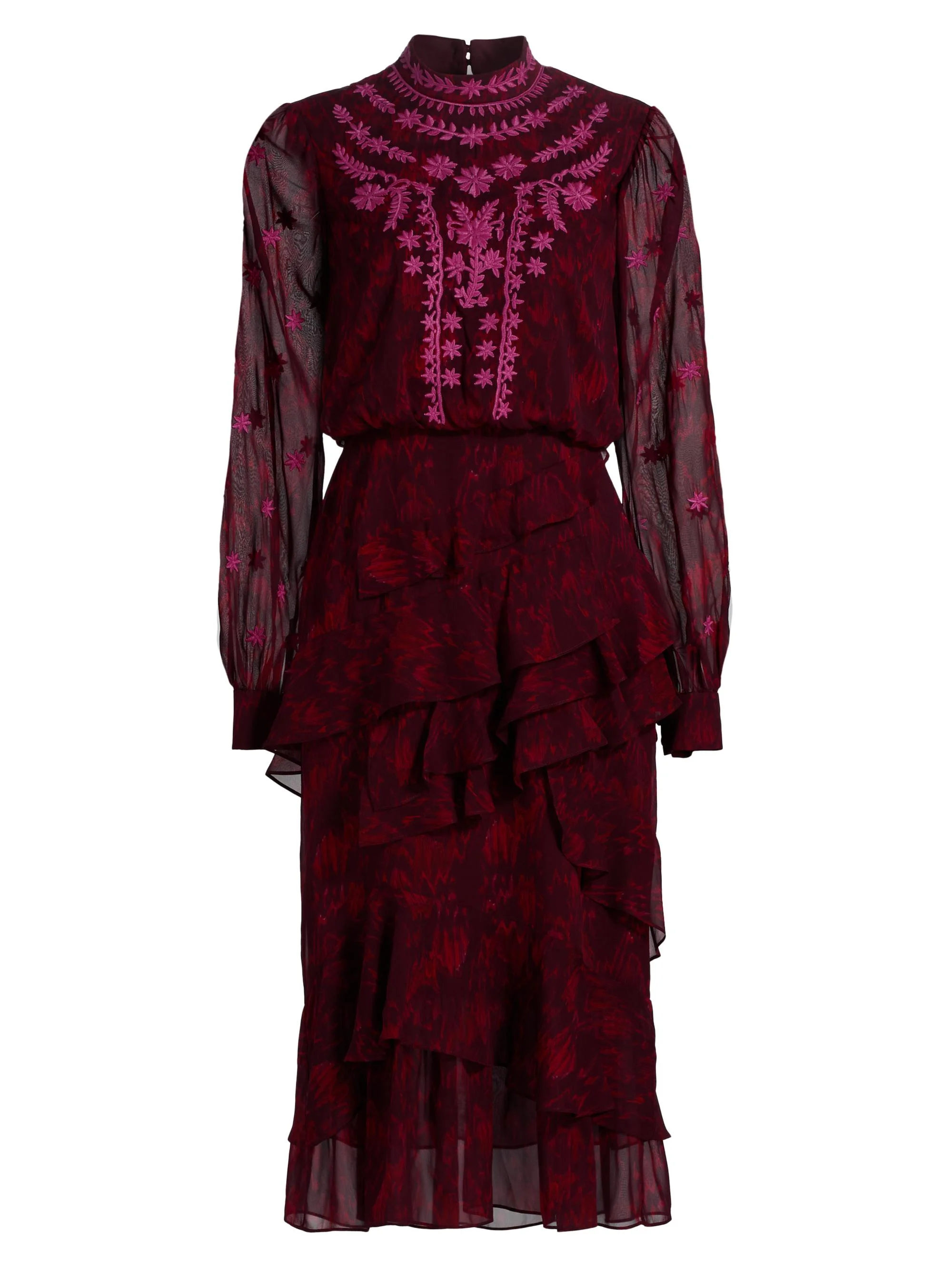 Women's Isa Ruffle Embroidered Midi-Dress - Astilbe Burgundy - 1