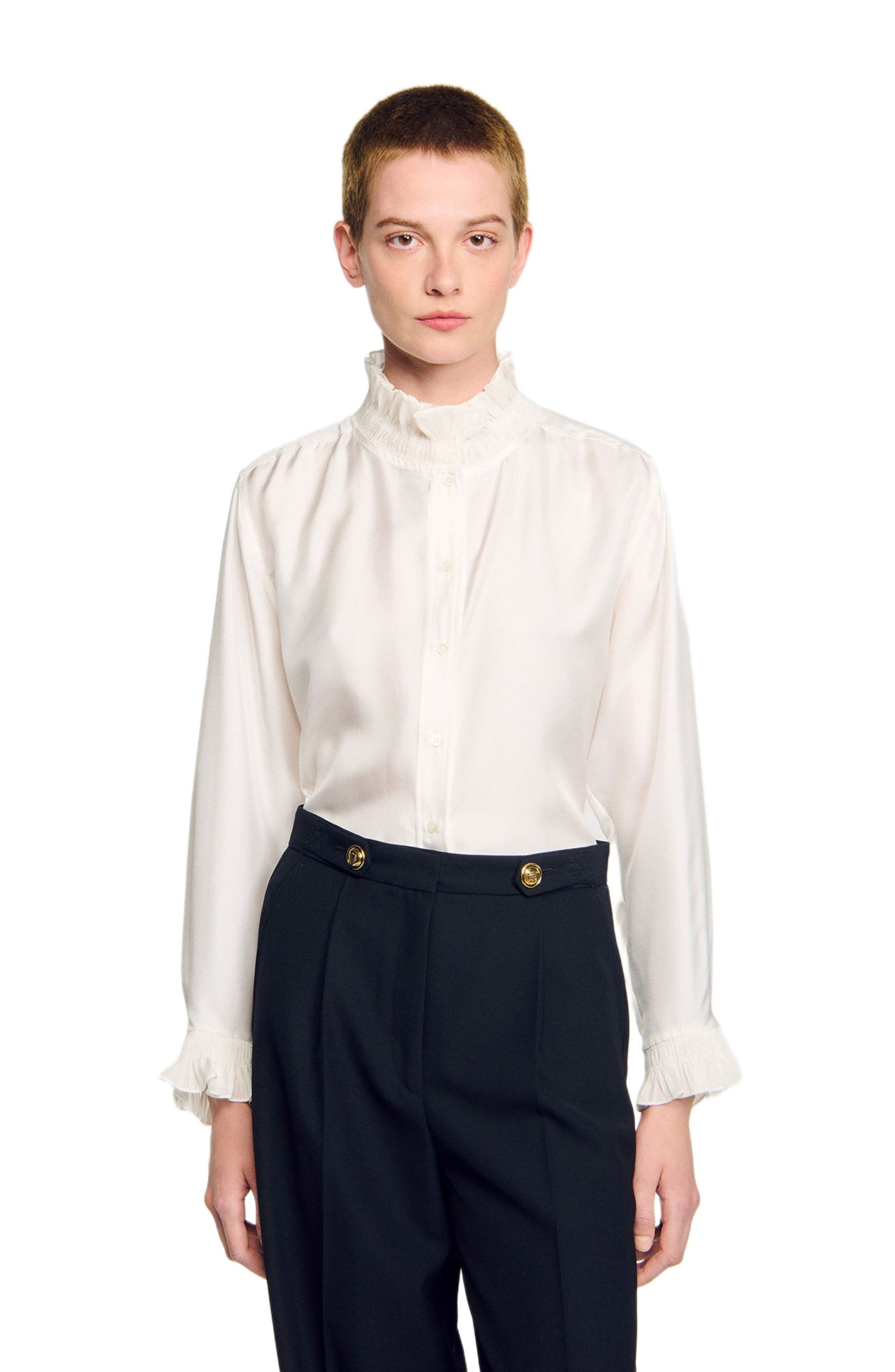SANDRO Silk shirt with gathered collar in Ecru at Nordstrom - 8