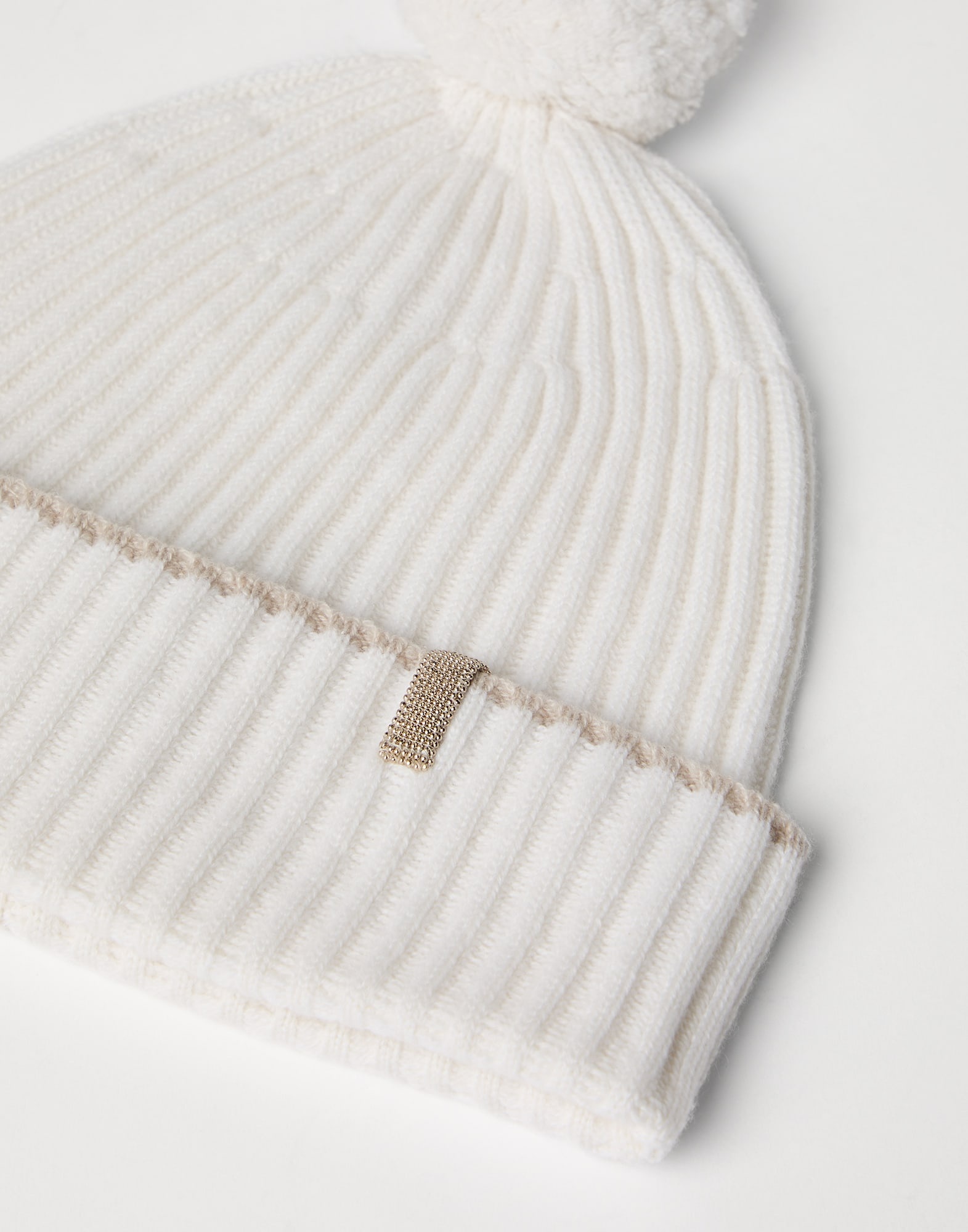 Cashmere rib knit beanie with pompom and monili - 2