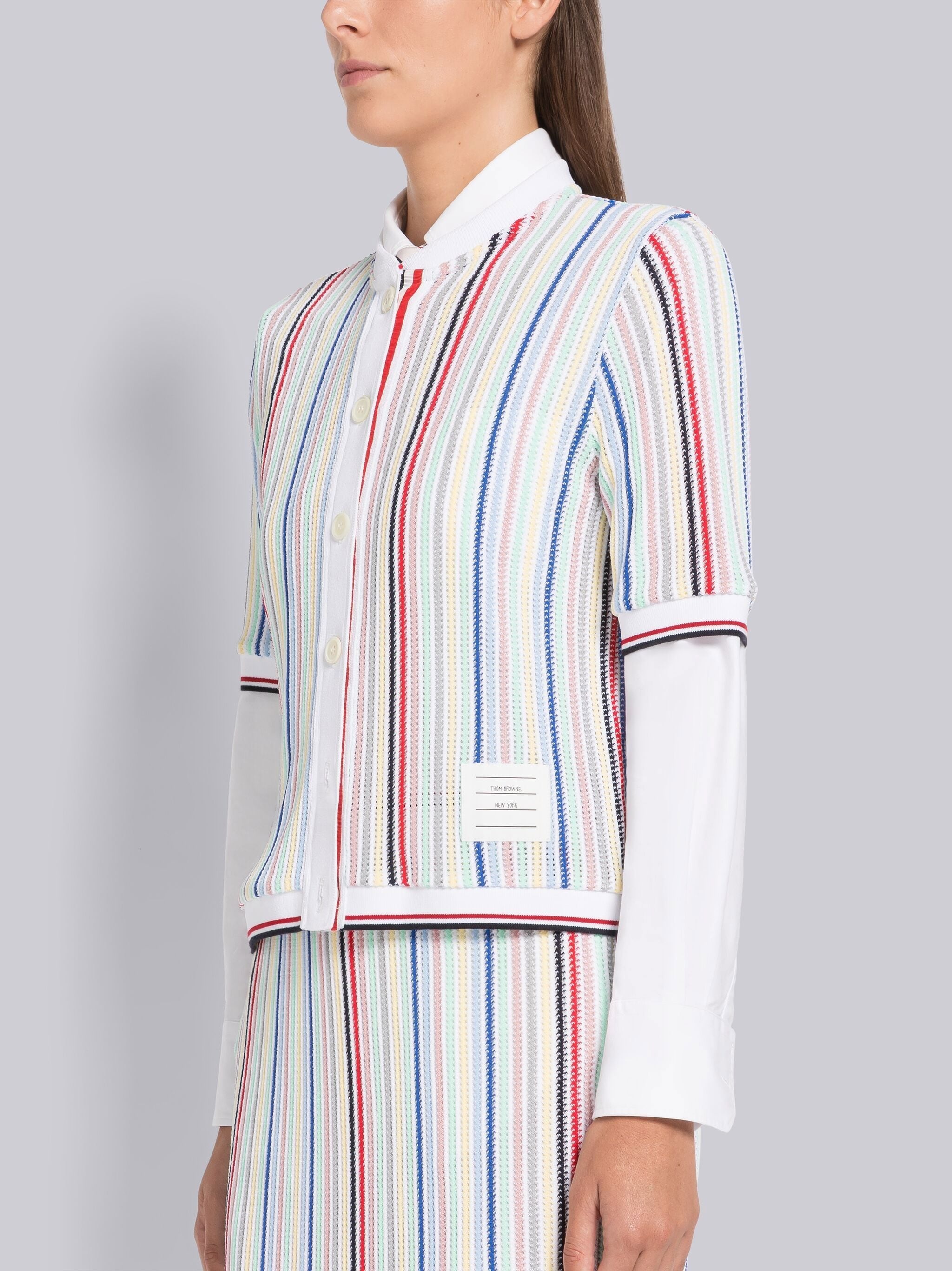 Stripe Viscose Mesh Tipping Short Sleeve Cardigan - 2