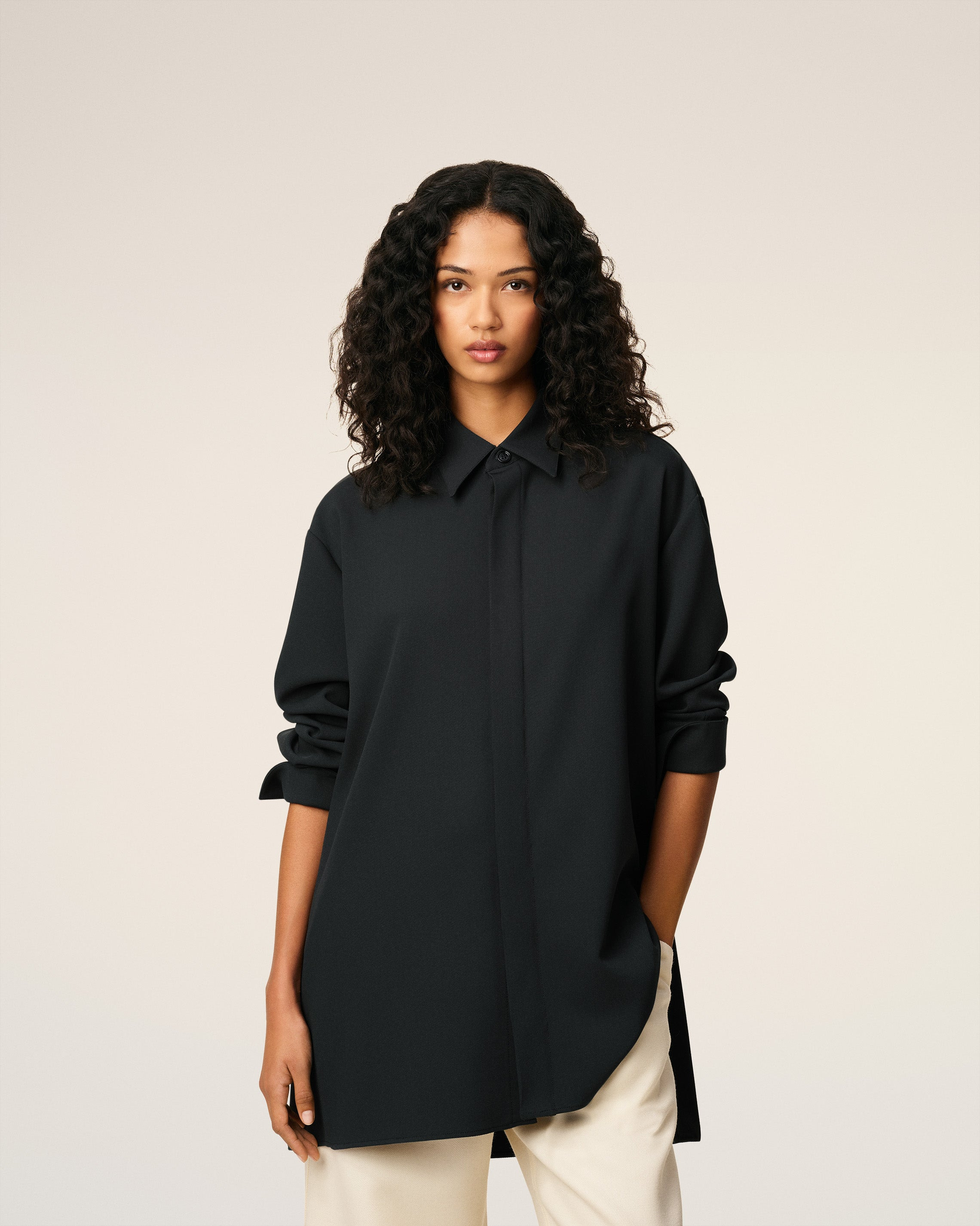 BLACK WOOL LONG OVERSIZED SIDE SLITS SHIRT - 3