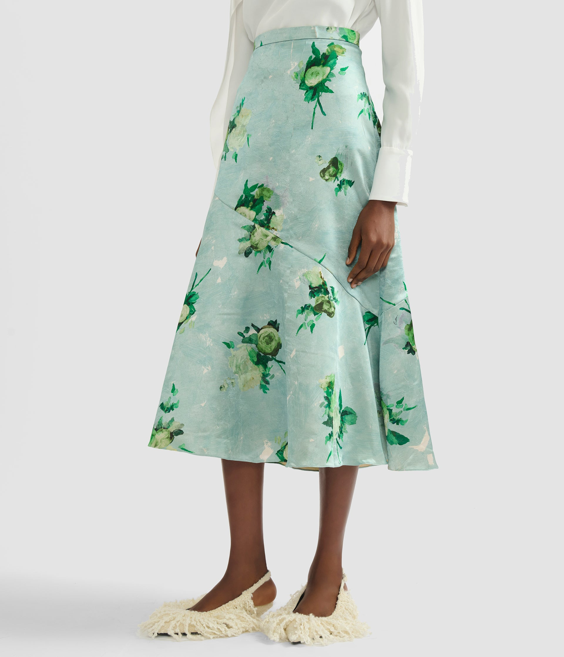 FLORAL PRINT CRUSHED SATIN A LINE SKIRT - 5
