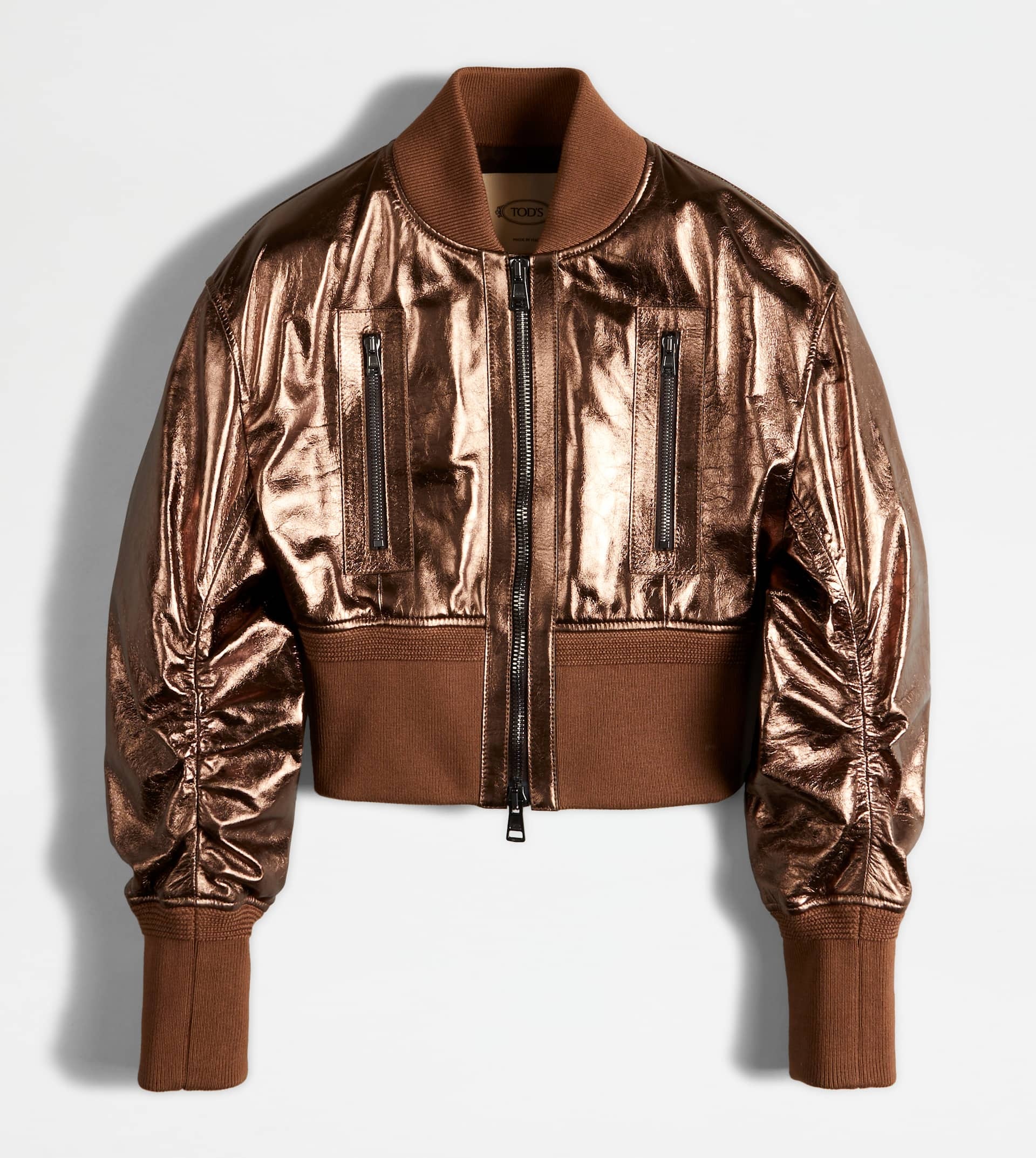 CROPPED BOMBER JACKET IN LEATHER - BROWN - 1