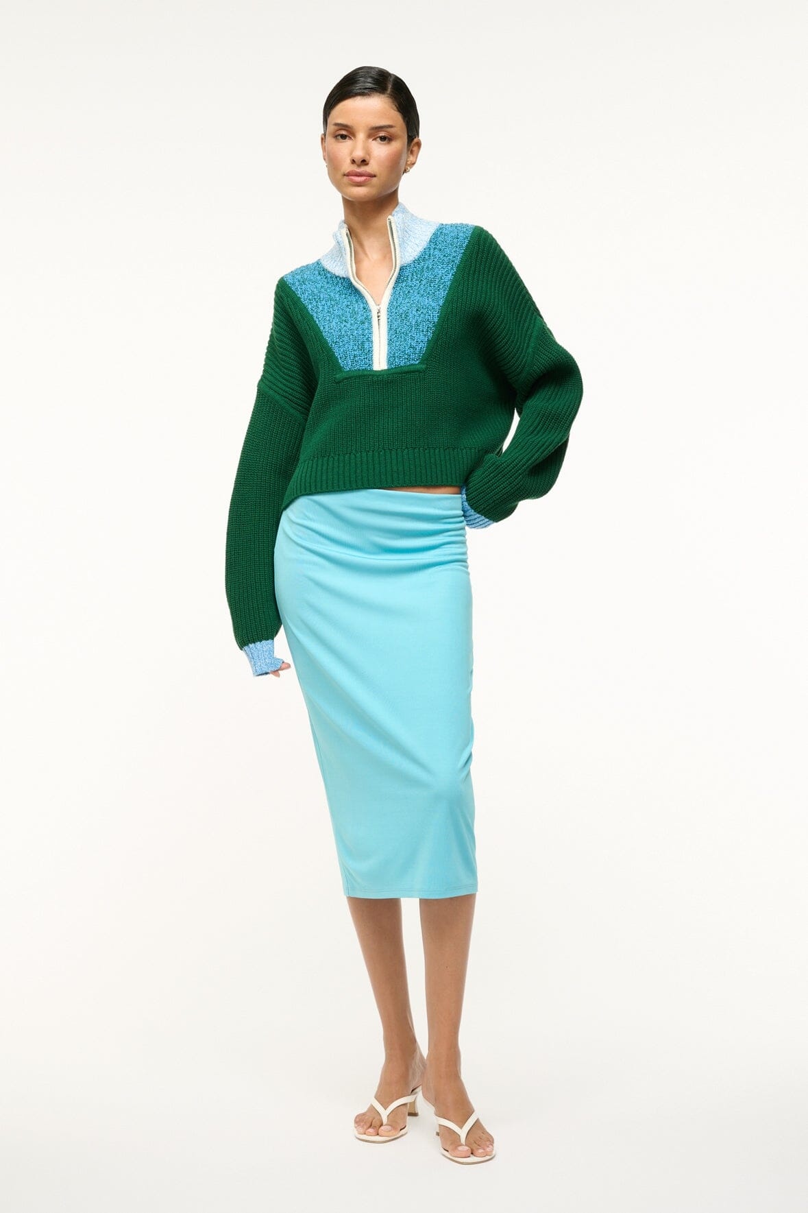 STAUD CROPPED HAMPTON SWEATER JUNGLE SKY IVORY - 3