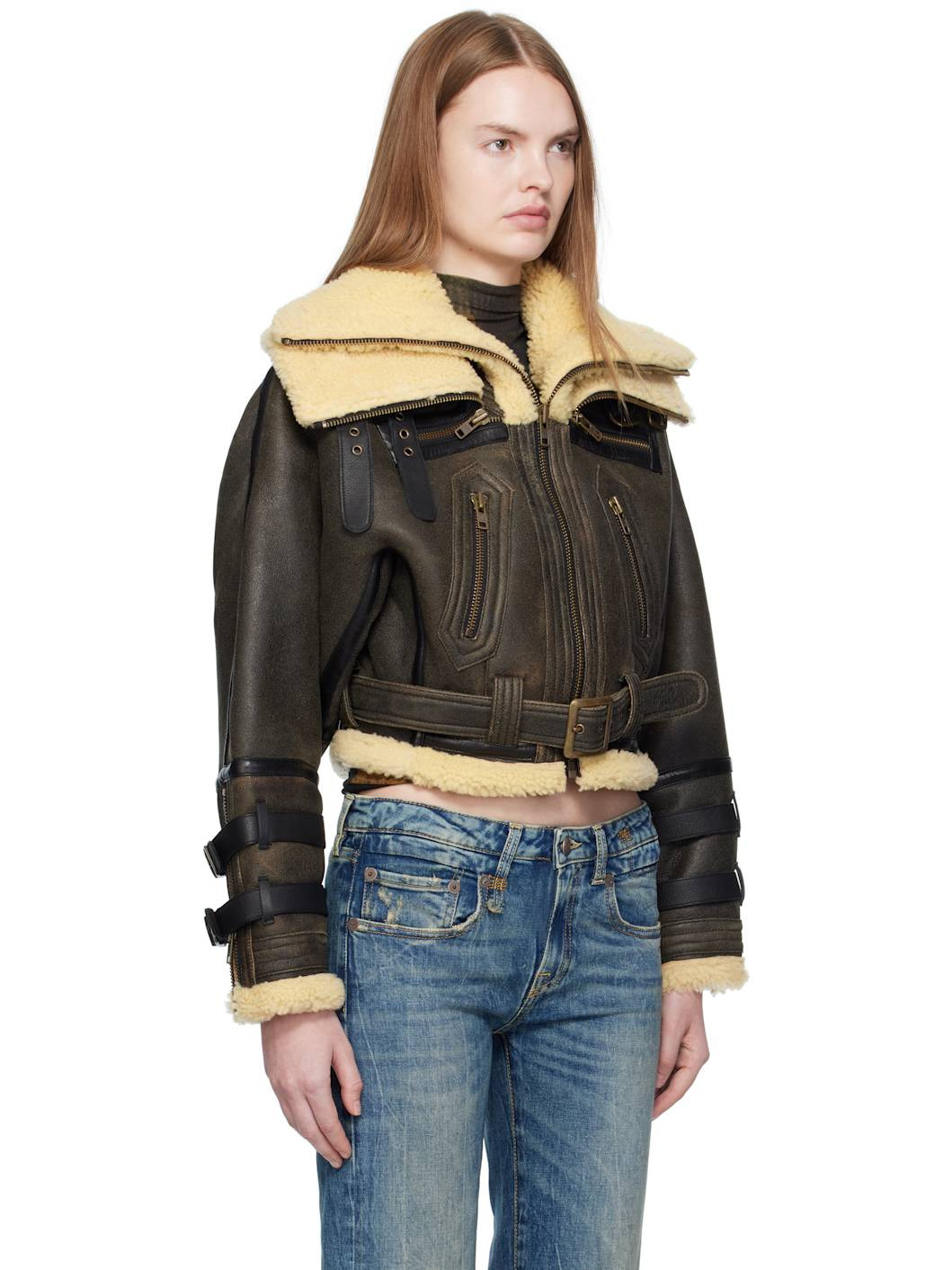 Black Cropped Shearling Bomber Jacket - 2