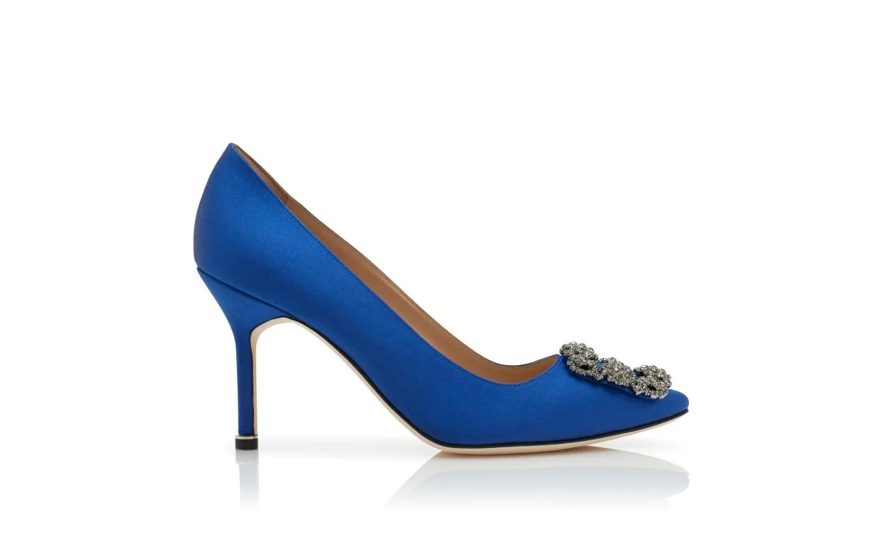 Blue Satin Jewel Buckle Pumps - 1