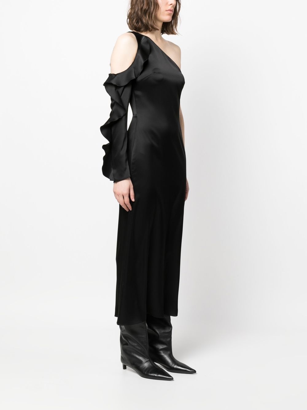 asymmetric ruffle-trim satin dress - 3