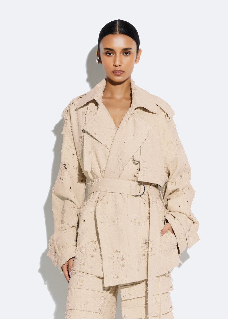 LAPOINTE Distressed Denim Short Trench outlook