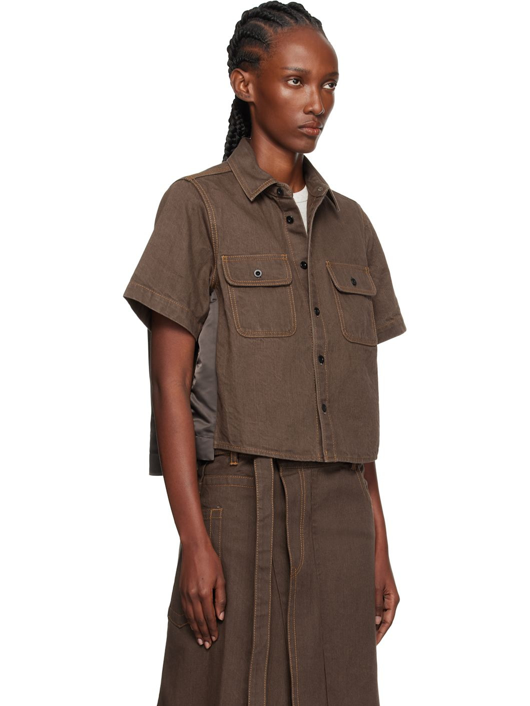 Brown Paneled Denim Shirt - 2