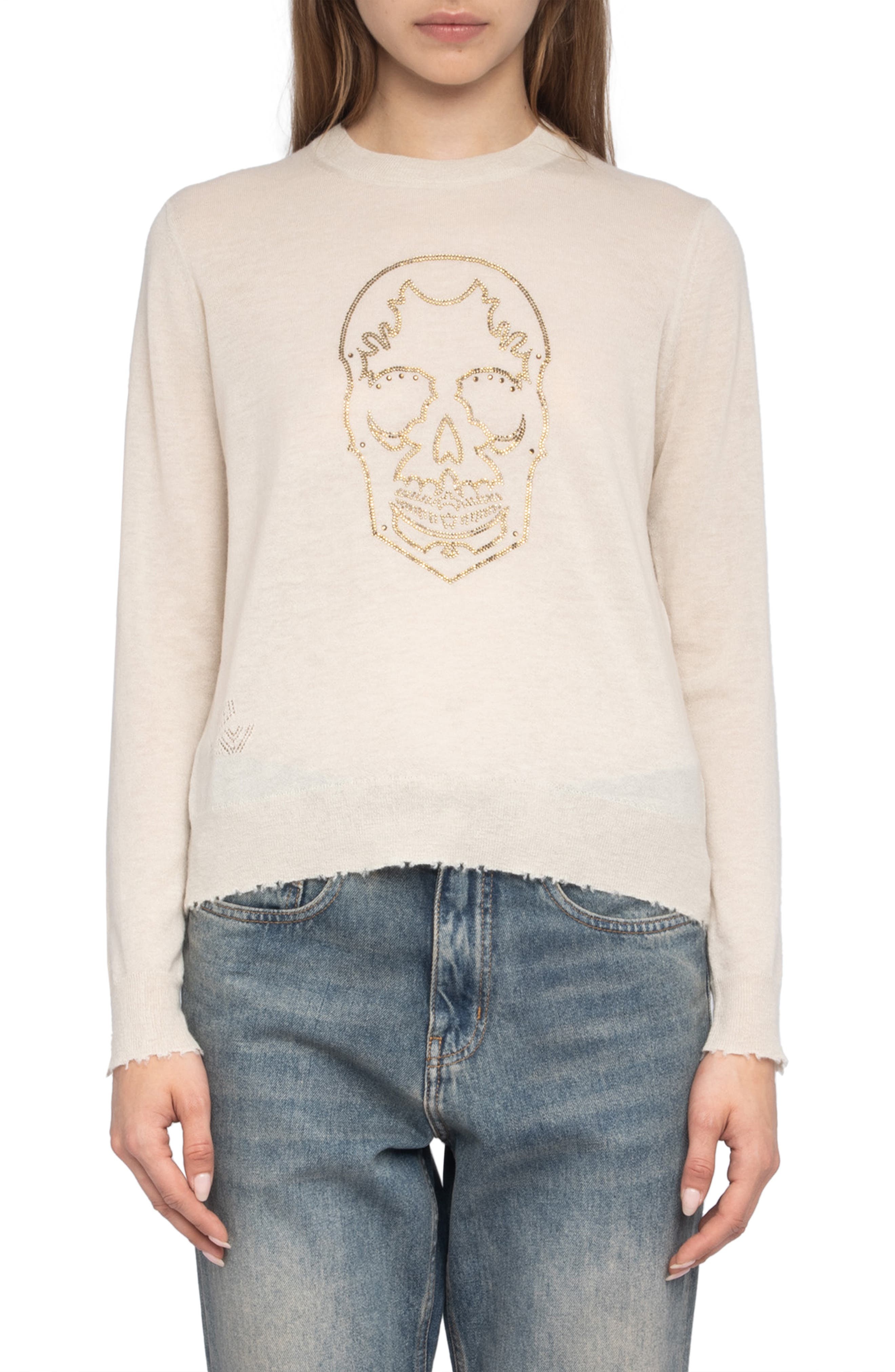 Zadig & Voltaire West Strass Rhinestone Skull Cashmere Sweater in Ecru at Nordstrom - 1