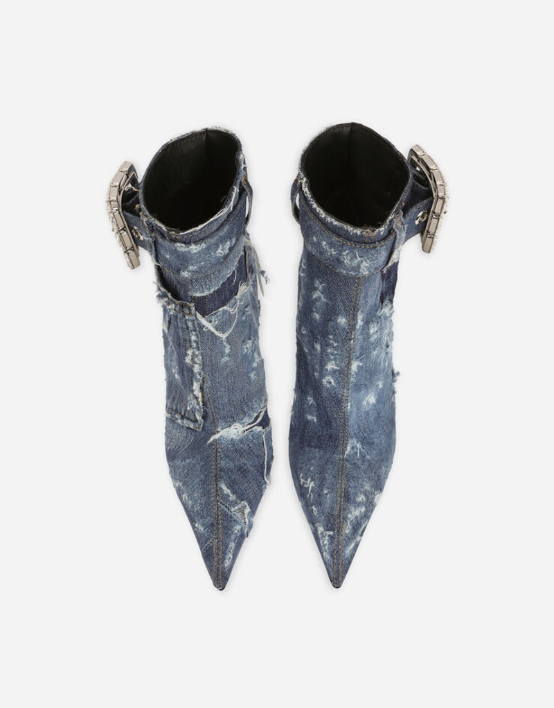 Patchwork denim ankle boots with rhinestone buckle 4