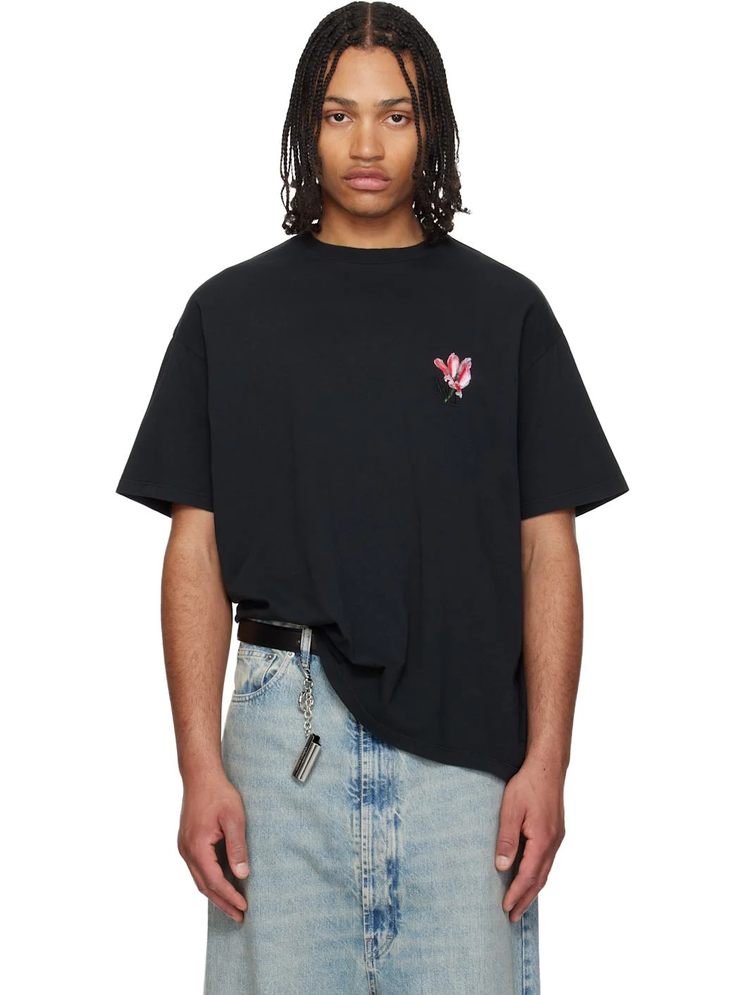 Black 'Floral MM' Embroidered Cotton T-shirt - 1