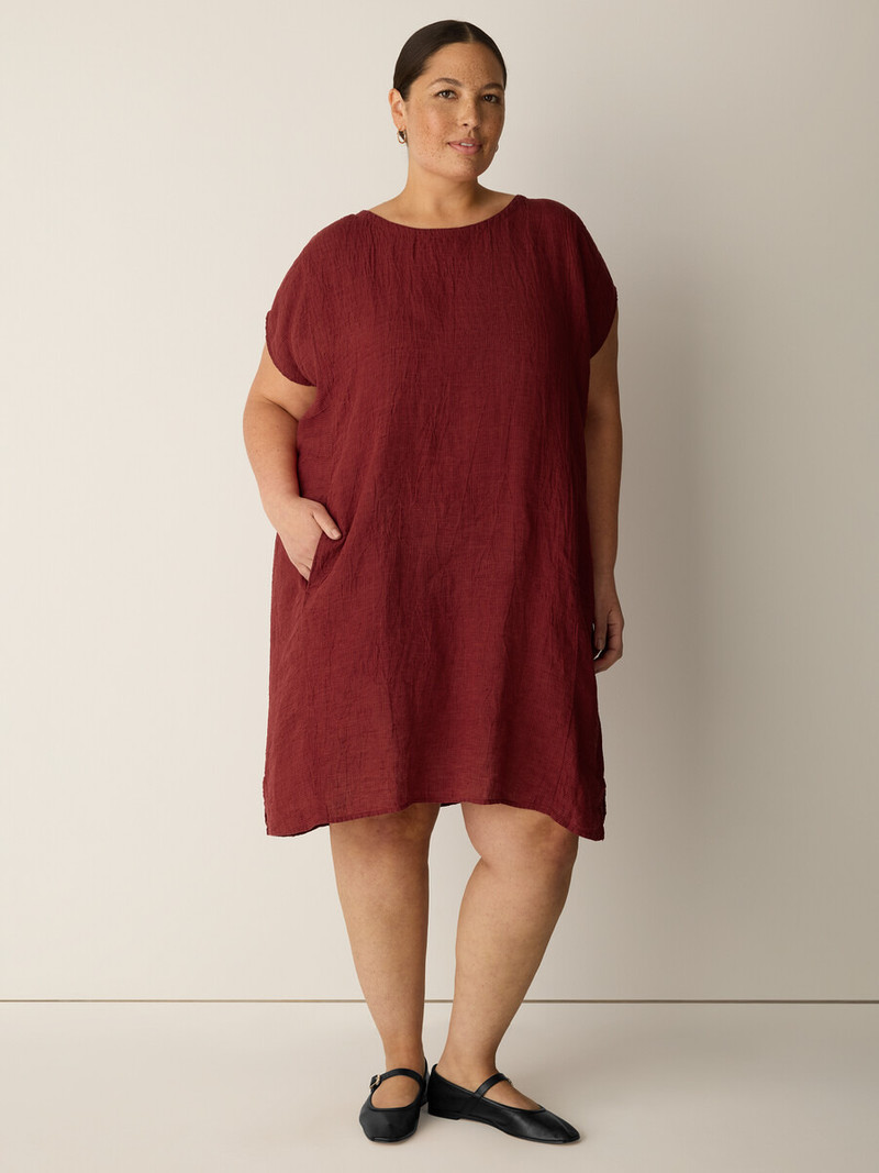 Puckered Organic Linen Stripe Jewel Neck Dress 6