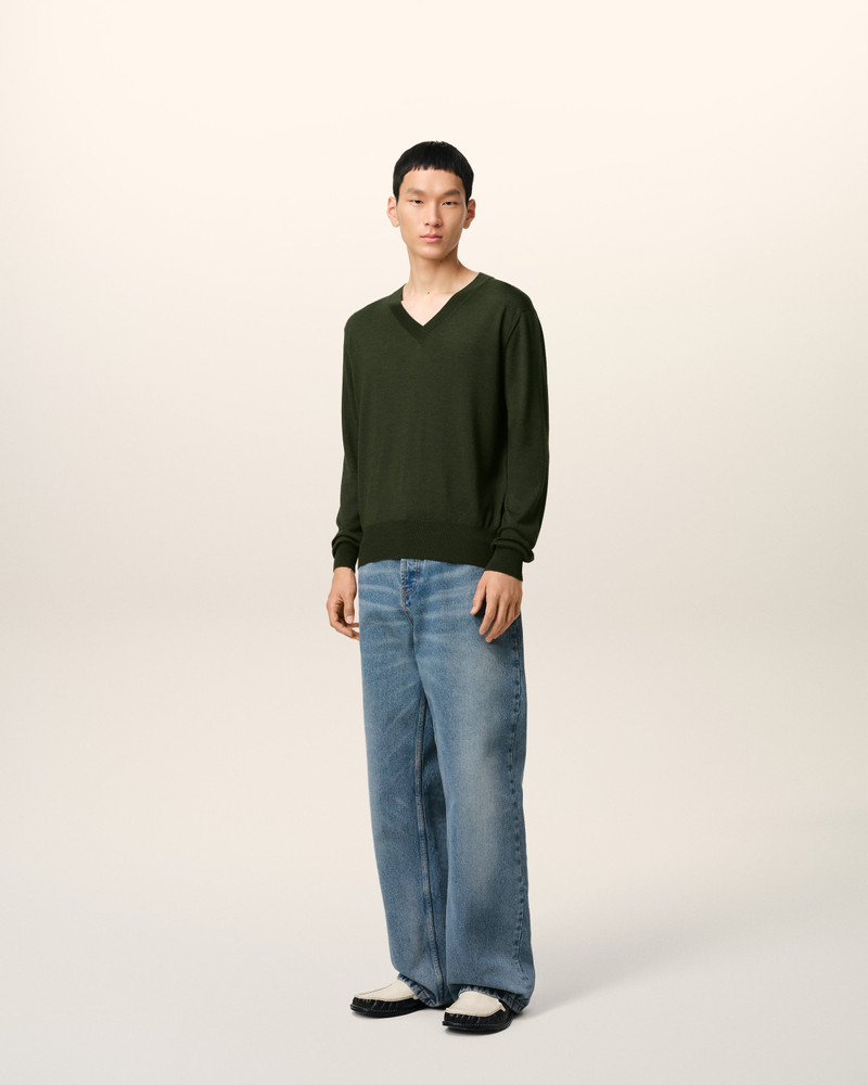 GREEN WOOL TONAL V NECK SWEATER 6