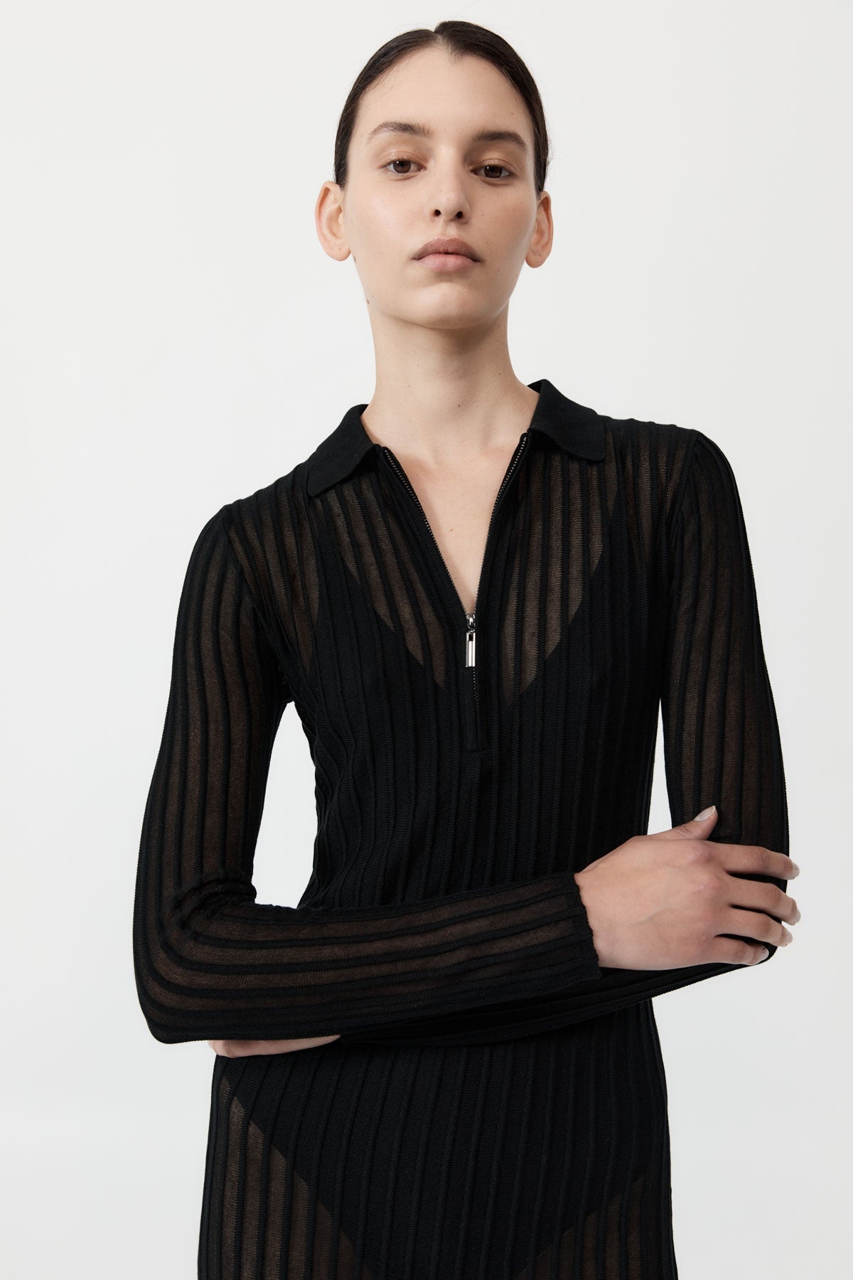 Sheer Stripe Dress - Black - 3