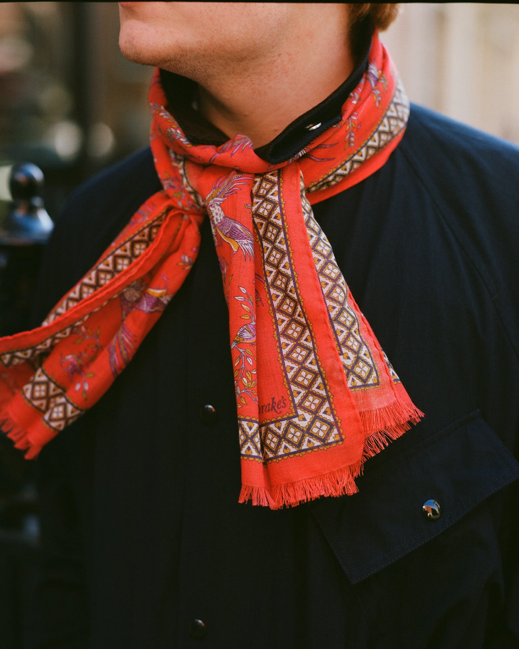 Red Birds of Paradise Print Wool Silk Scarf - 1
