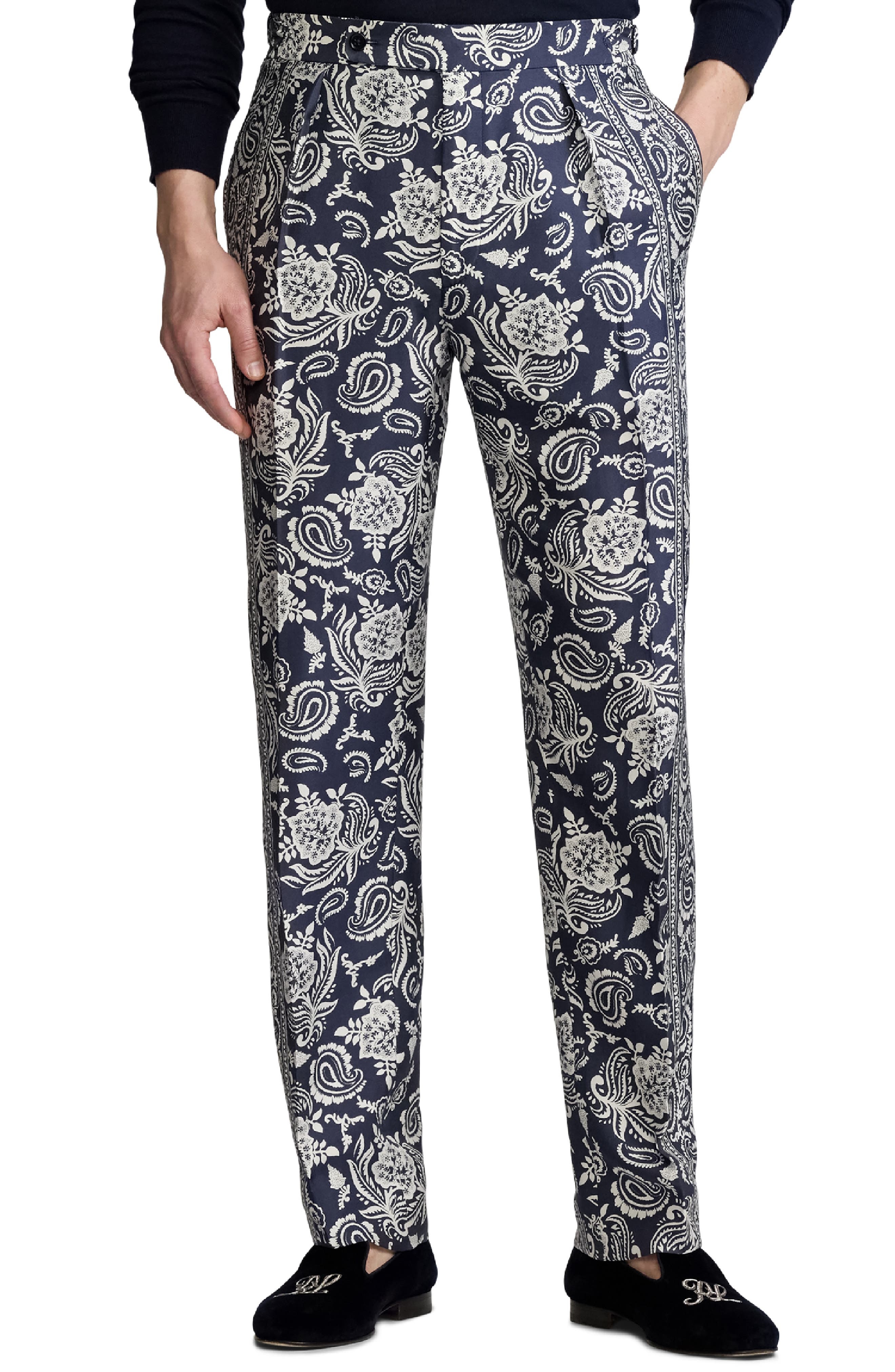 Ralph Lauren Purple Label Maiori Choppa Print Silk Trousers in Navy Bi-Color at Nordstrom - 1