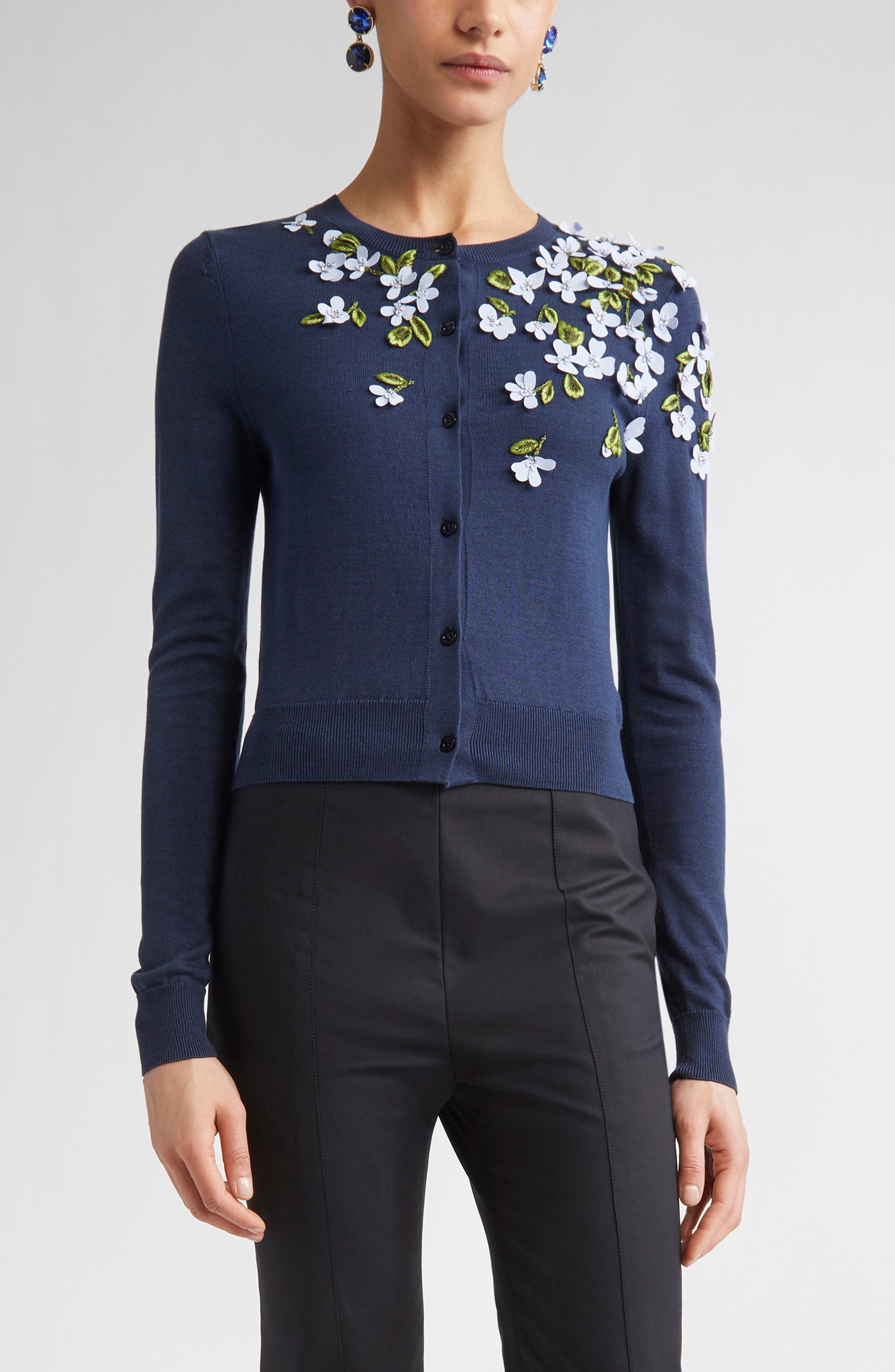 Carolina Herrera Floral Appliqué Silk & Cotton Cardigan in Midnight at Nordstrom - 1