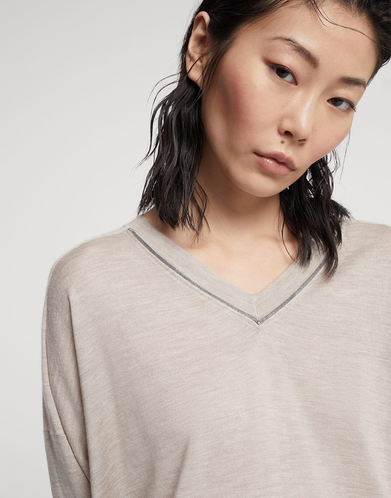 Cashmere and silk lightweight sweater with shiny collar trim 3