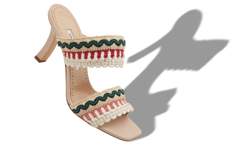 Manolo Blahnik Light Beige Nappa Leather Knitted Detail Mules outlook