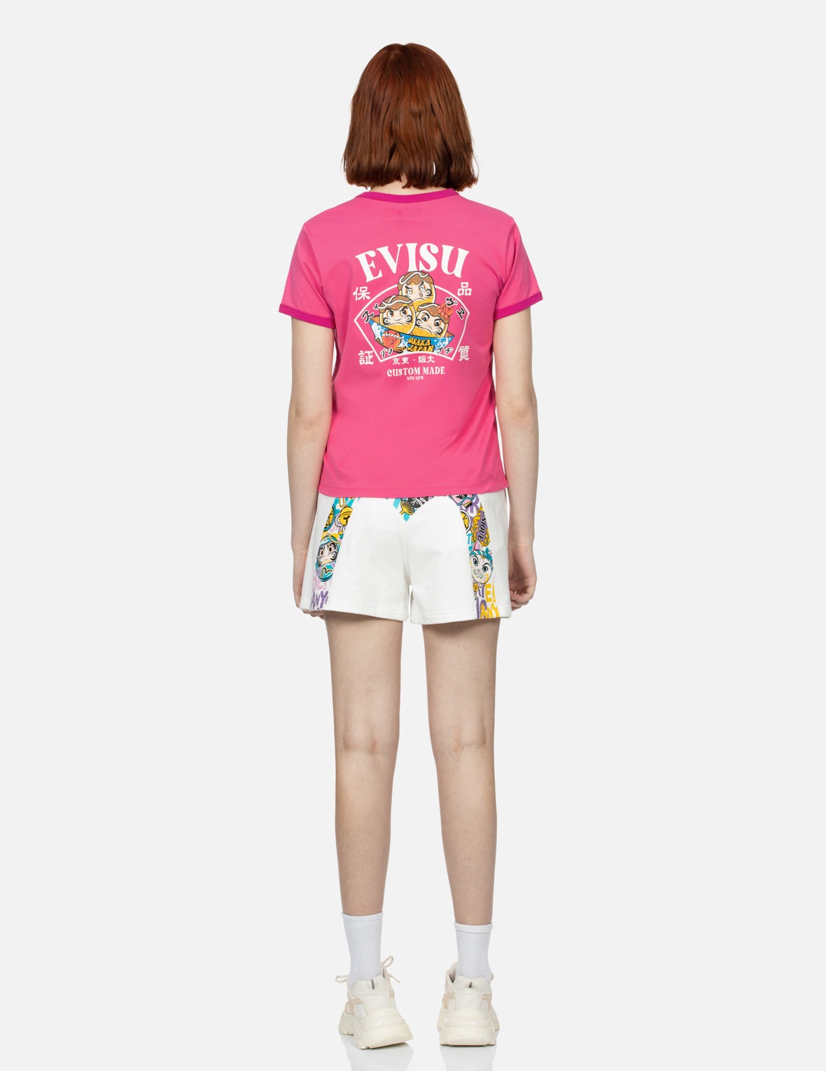 Color-blocking Daruma and Fortune Cat Daicock Print Loose Fit Sweat Shorts - 5