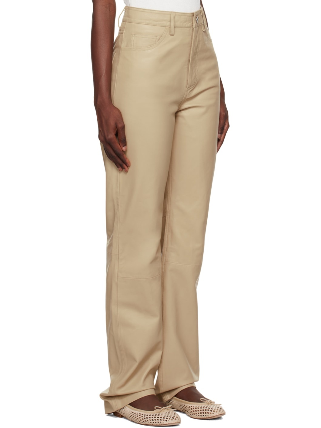 Beige Straight Leather Pants - 2