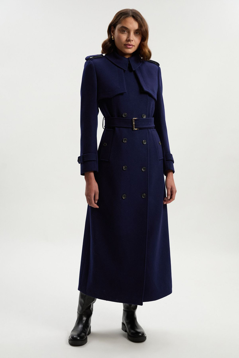 Wool Pu Mix Tailored Belted Trench Maxi Coat 1
