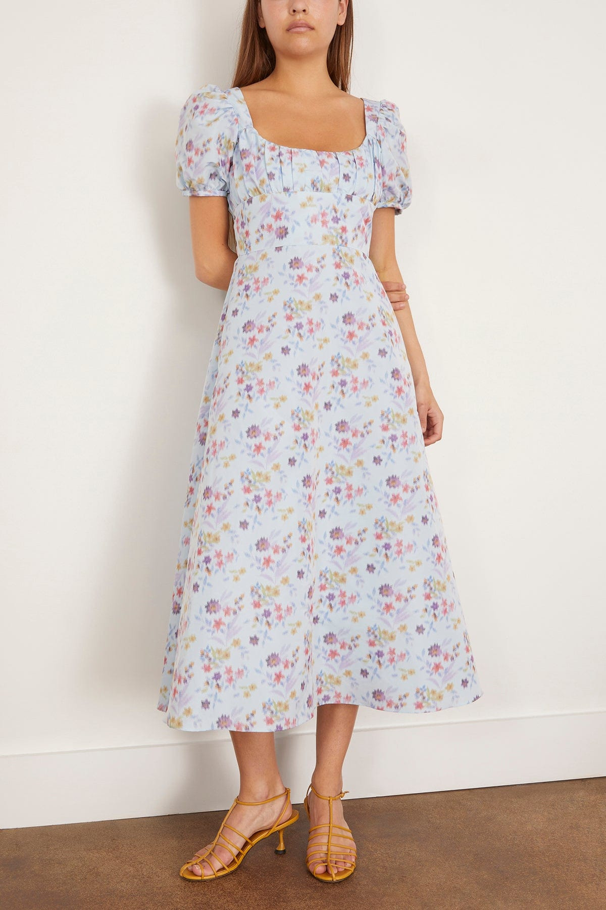 Elora Ikat Puff Sleeve A-Line Midi Dress in Blue and Pink Floral - 3