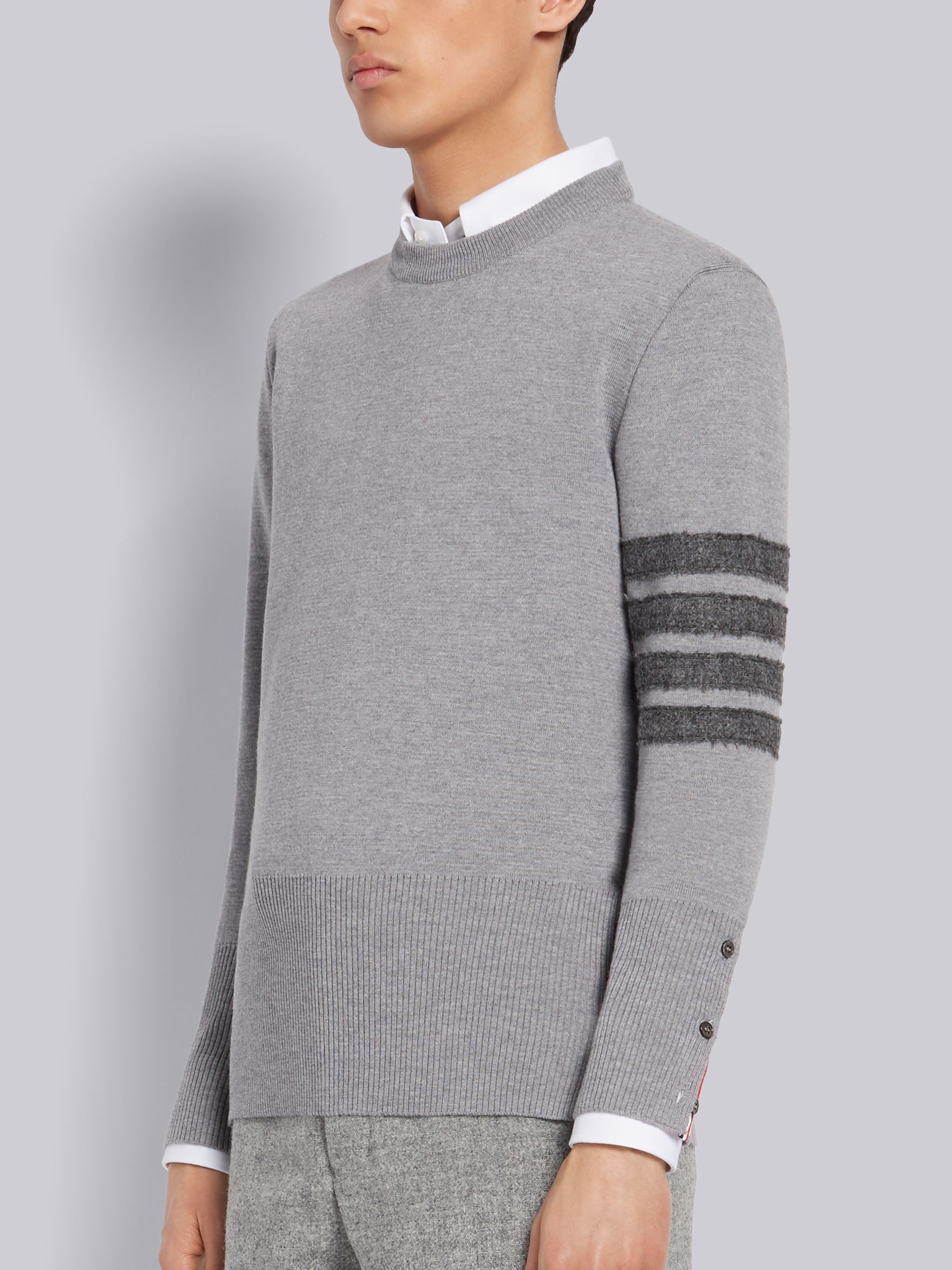 Light Grey Milano Stitch Fine Merino Crewneck Shetland 4-Bar Pullover - 2