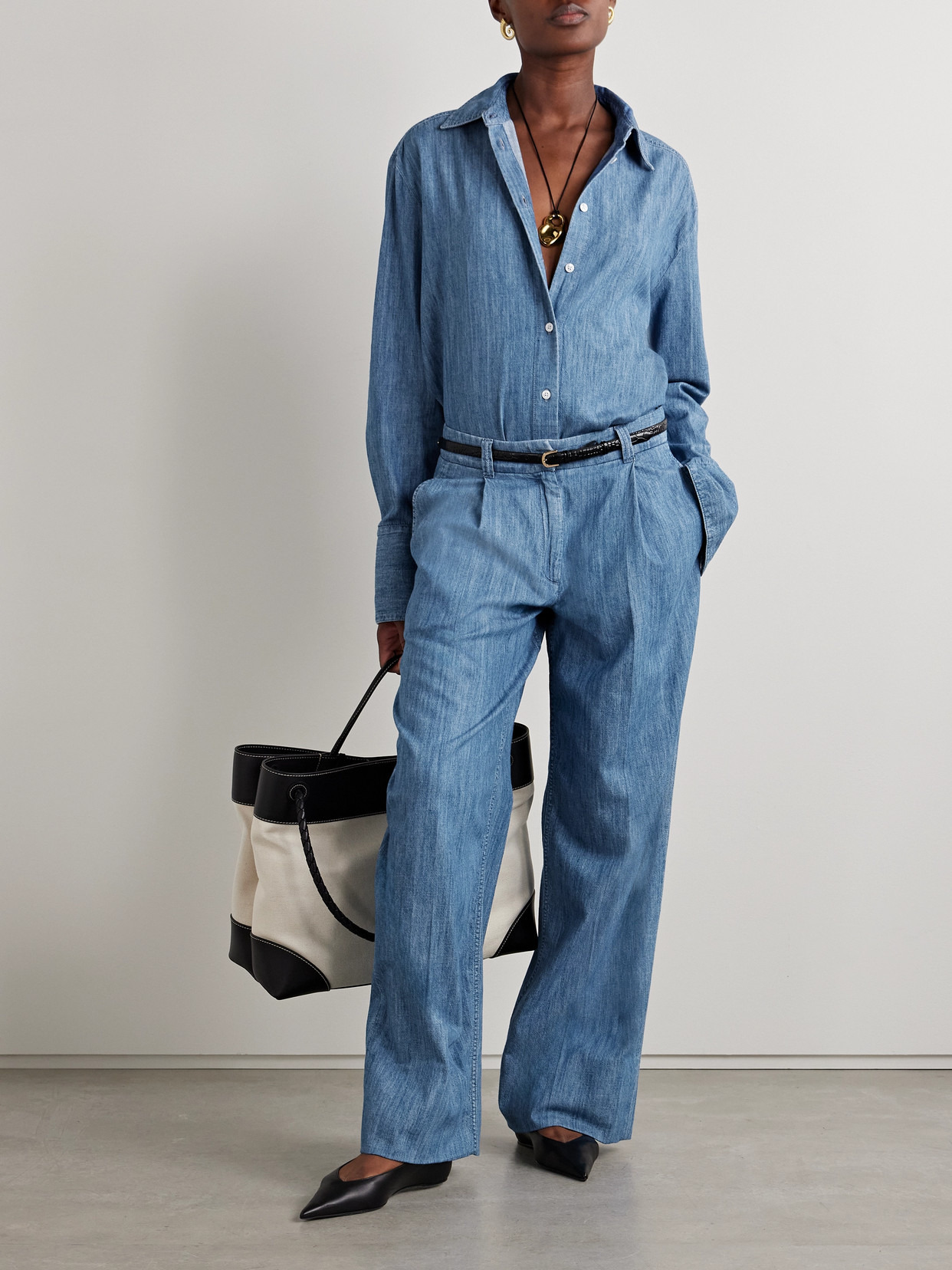 Pleated Organic Cotton-chambray Wide-leg Pants - 2