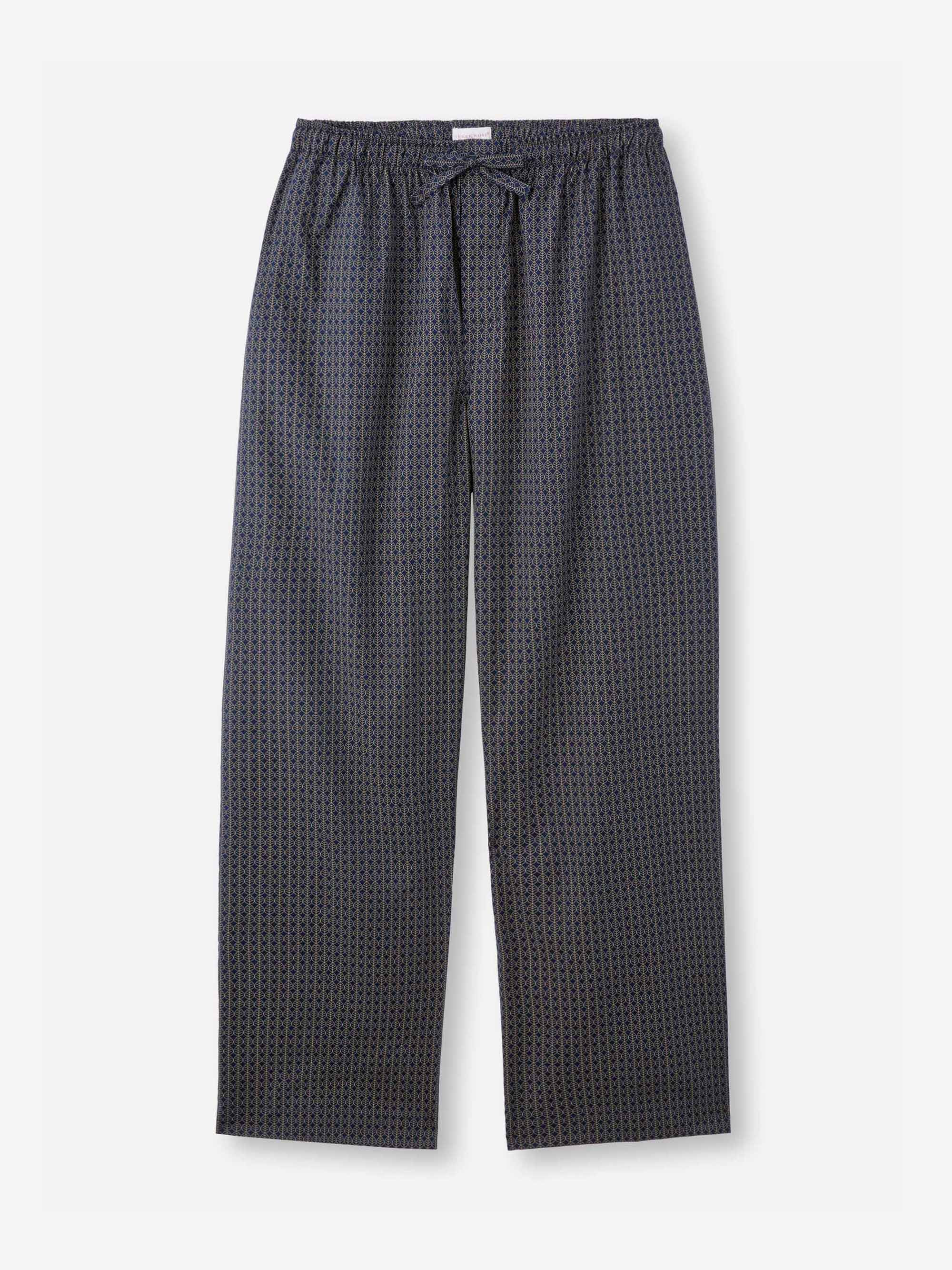 Men's Lounge Pants Cotton Batiste Navy Jungle Leaf Print - 2