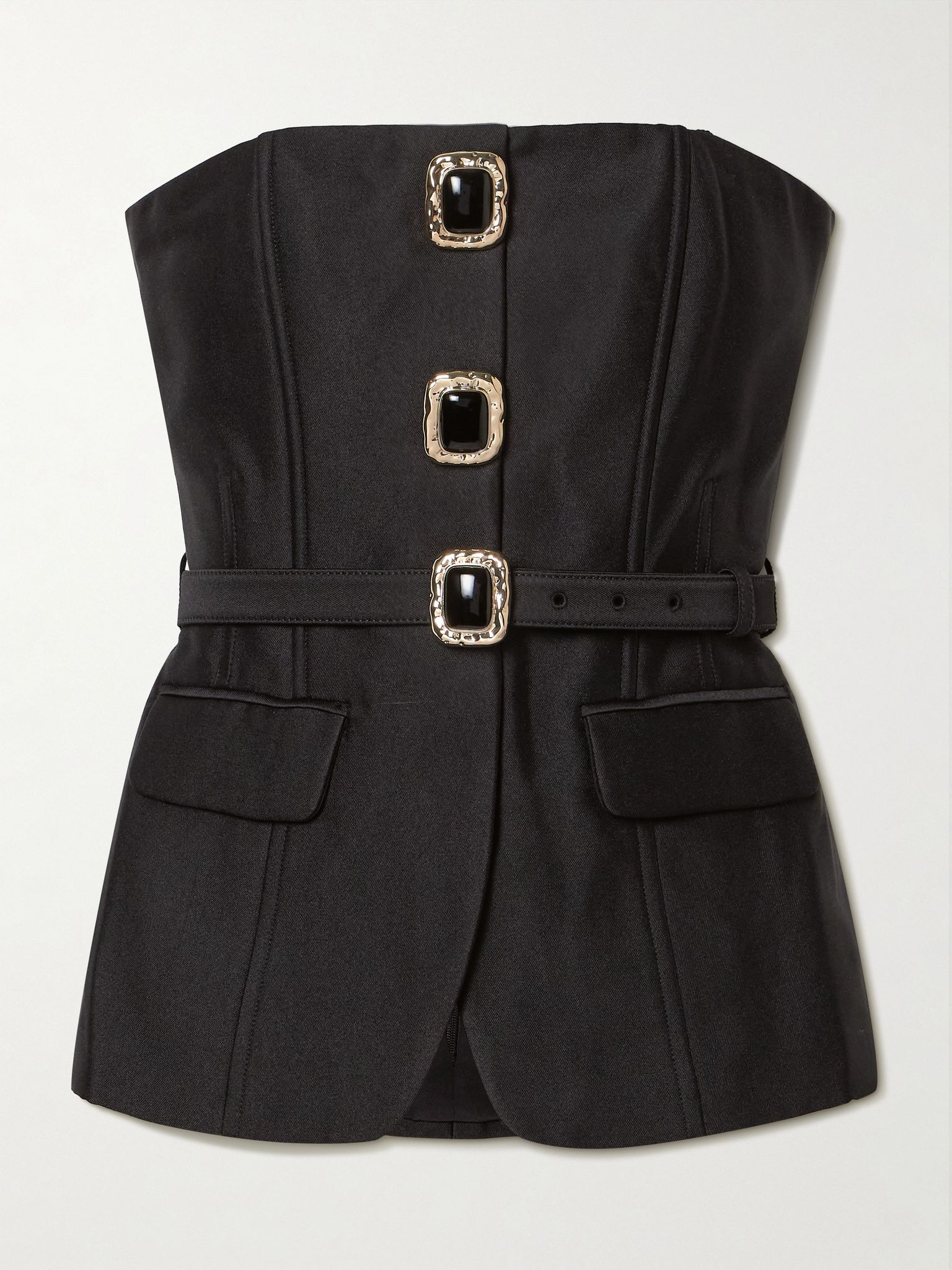 Strapless belted embellished satin-twill top Black - 1