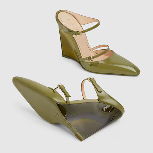 Gucci Logo Leather Wedge Mules - 3