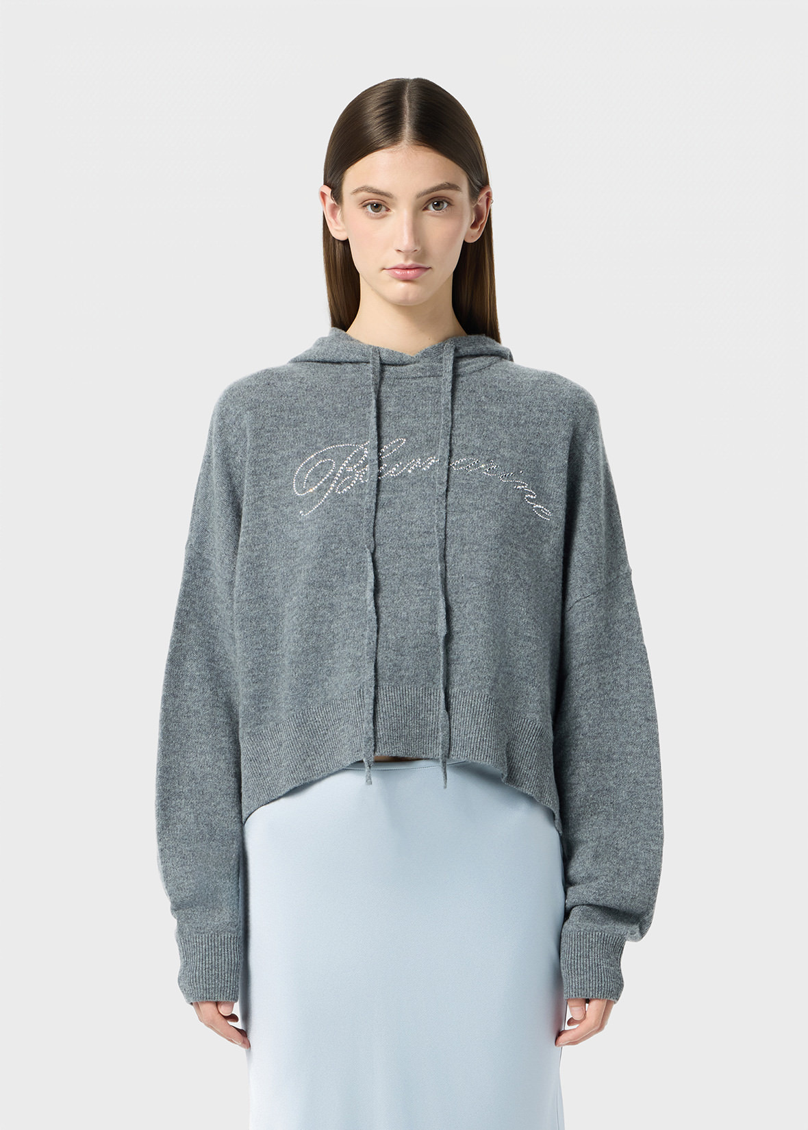 WOOL HOODED SWEATER WITH RHINESTONE LOGO - 3