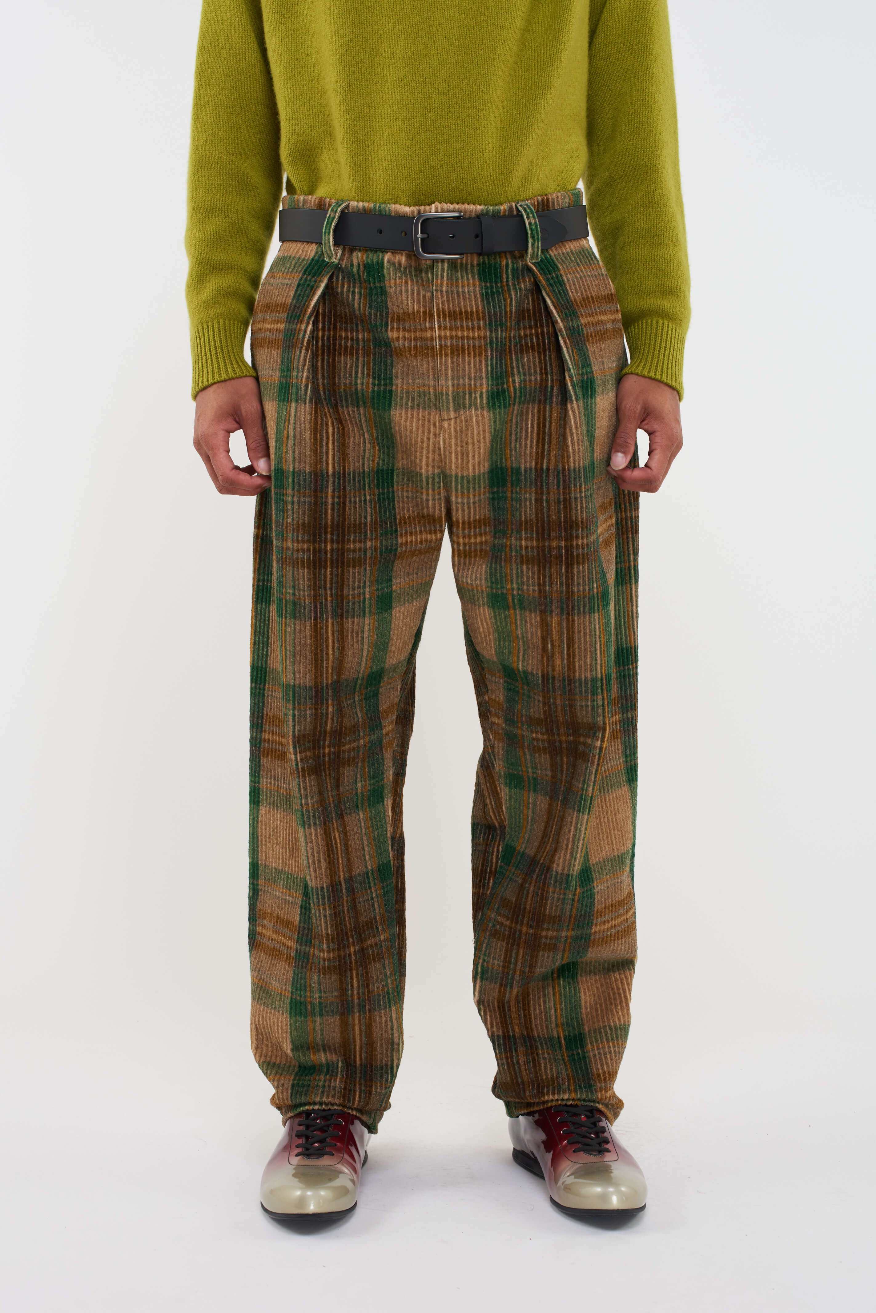 PLAID CORD PLEAT PANT - 2