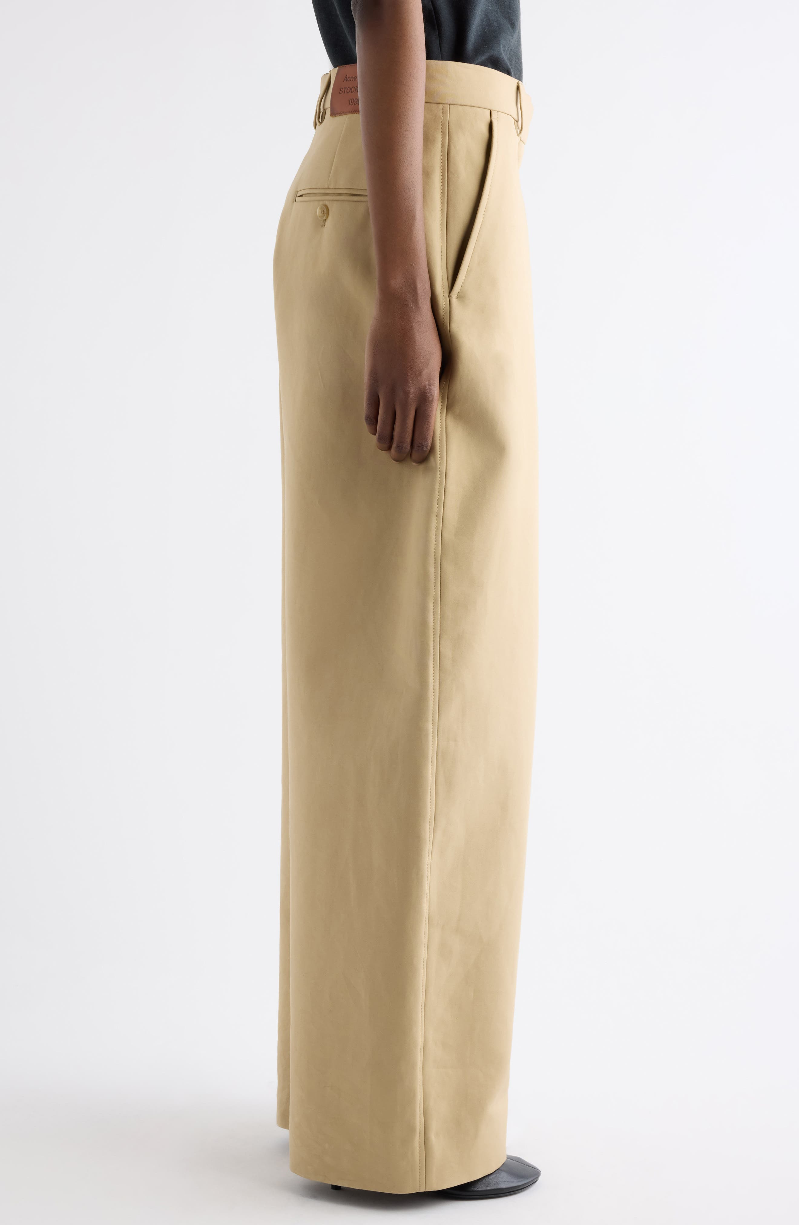 Acne Studios Pommy Tailored Organic Cotton Satin Wide Leg Trousers in Beige at Nordstrom - 4