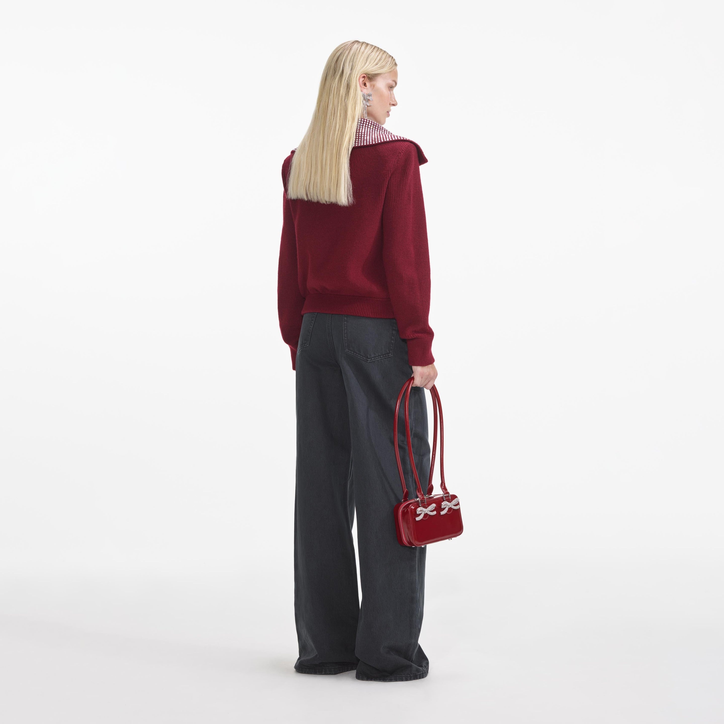 Burgundy Diamante Collar Knit Jacket - 3
