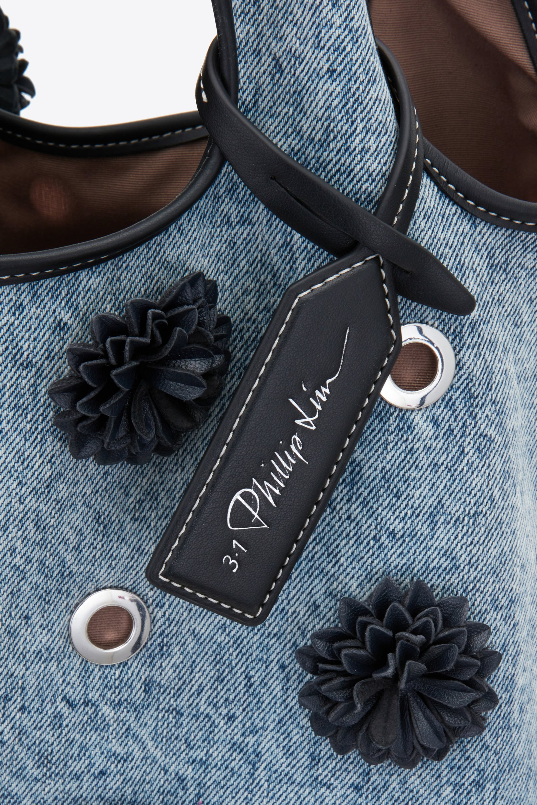 Denim Market Tote with Leather Flowers - 4