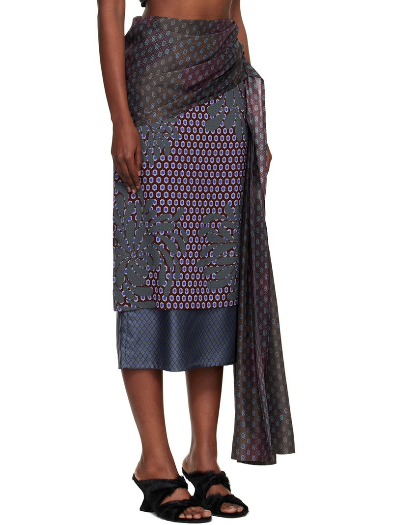 Burgundy & Green Layered Tie Motif Midi Skirt 2