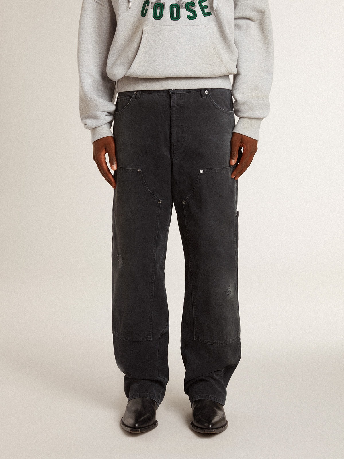 Men's distressed black cotton jeans with front patches - 2
